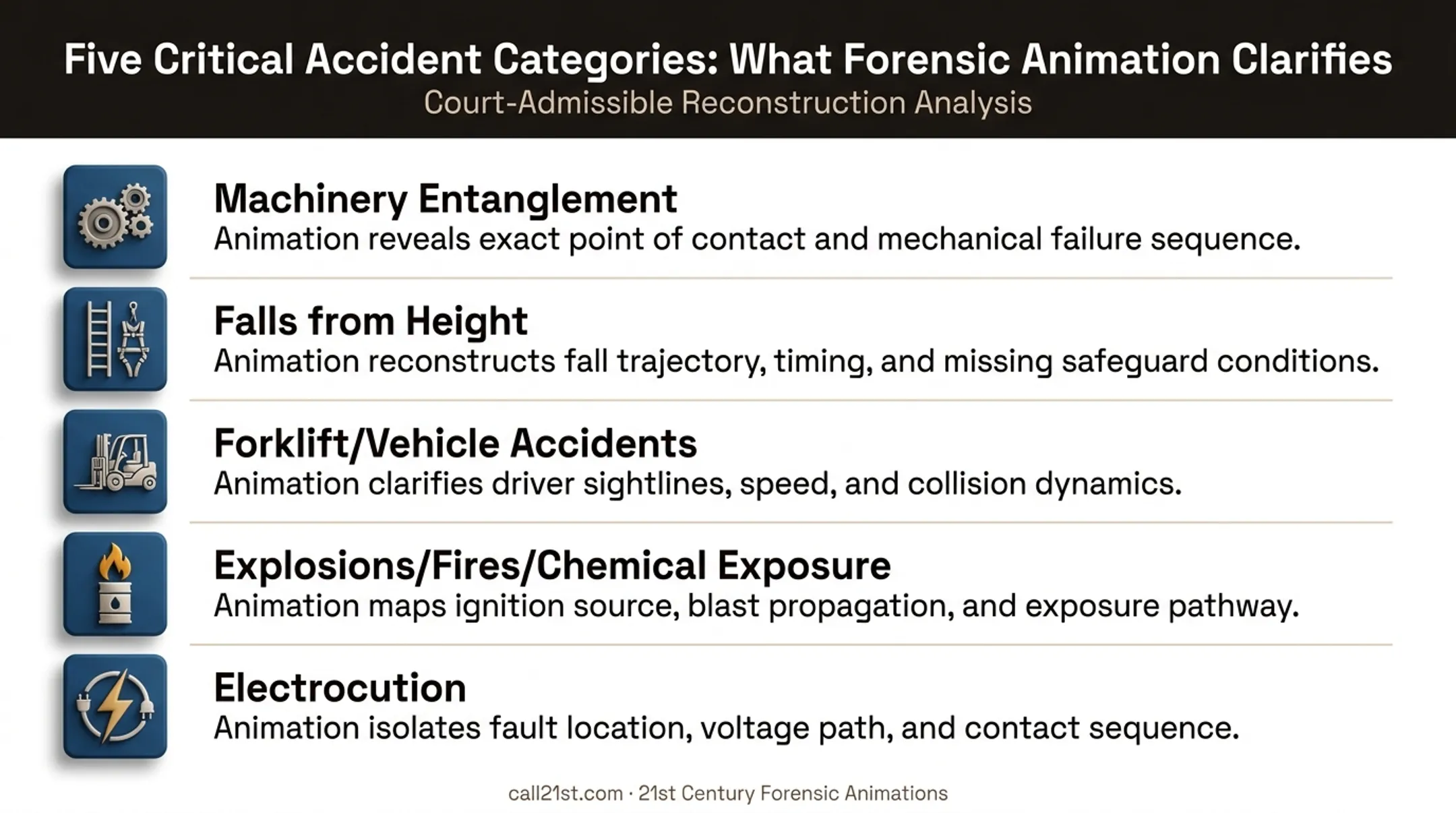 Five common workplace accident types suited for forensic animation reconstruction