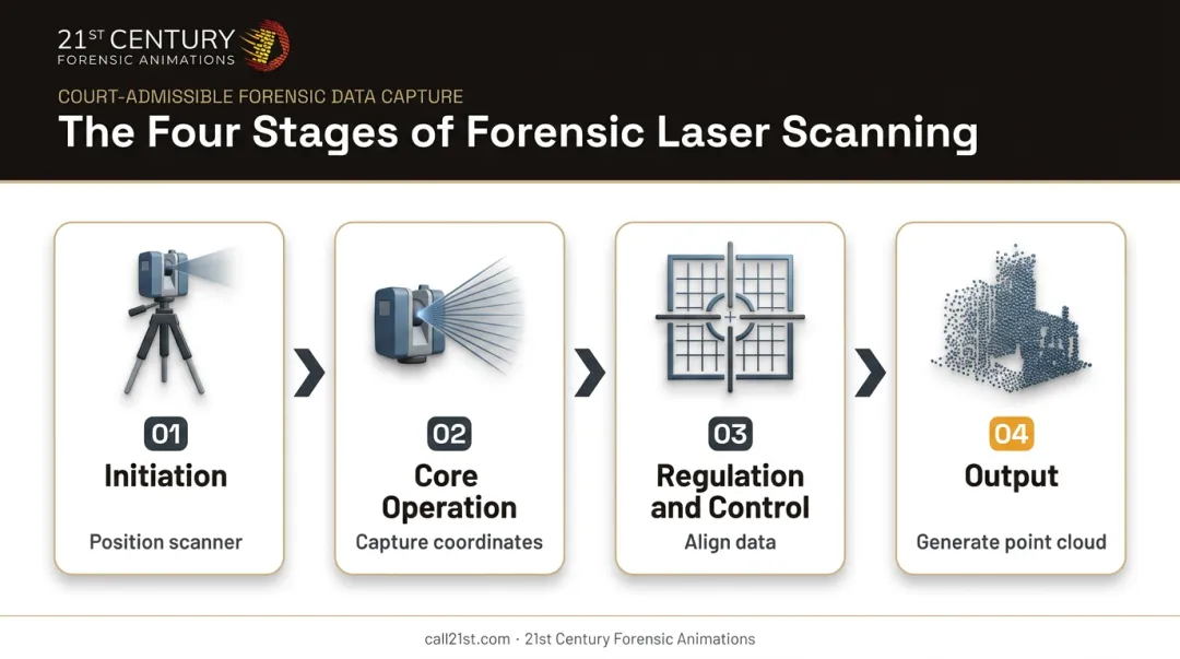 Four-stage precision laser scanning process from setup to output
