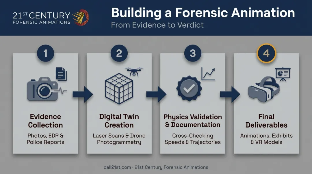 Forensic animation workflow from evidence collection to courtroom deliverables