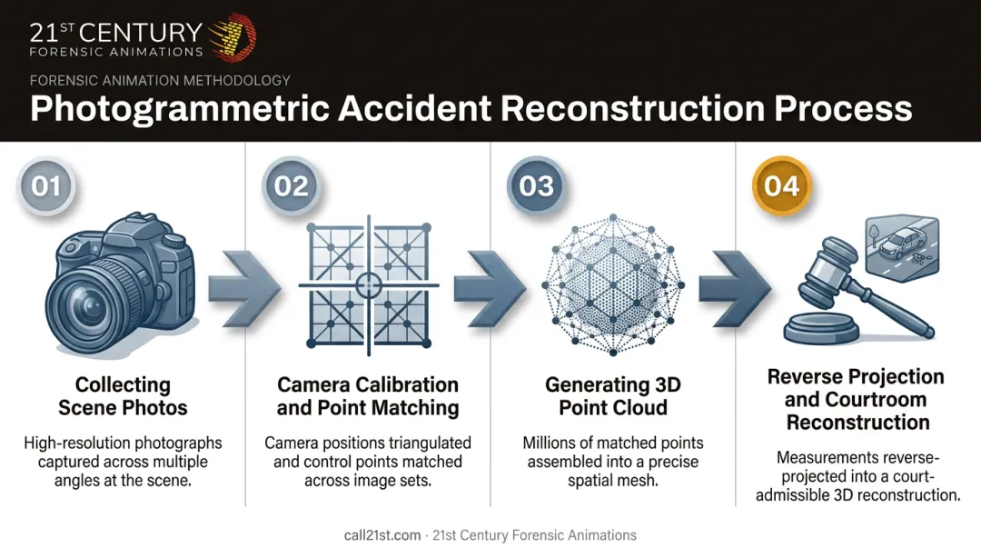 Four-step photogrammetry accident reconstruction process from photos to courtroom exhibit
