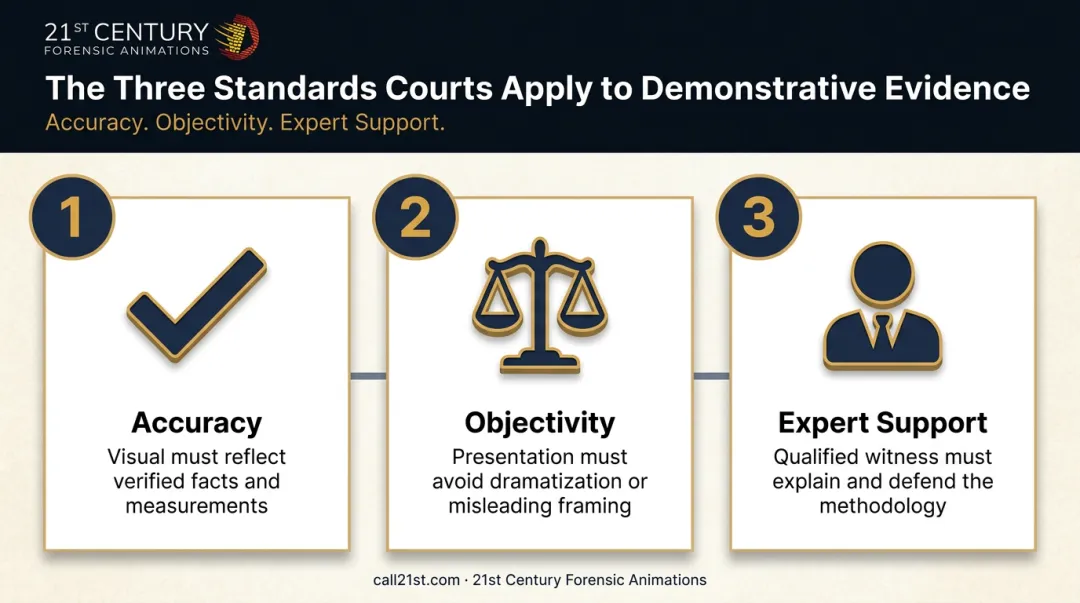 Three legal standards for admissible courtroom visual evidence infographic