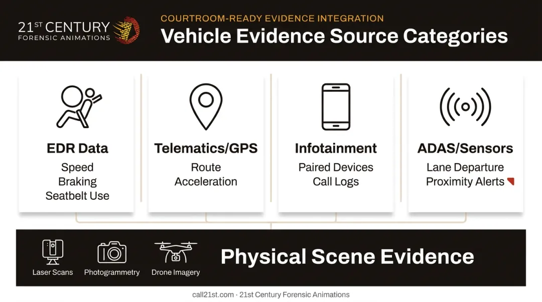 Four vehicle forensic evidence sources EDR telematics infotainment and ADAS data