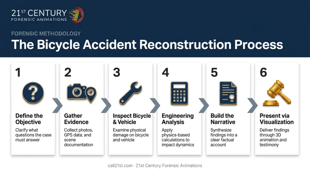 Six-step bicycle accident reconstruction process from objective to courtroom testimony