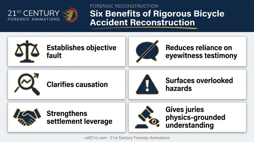 Six benefits of rigorous bicycle accident reconstruction analysis infographic