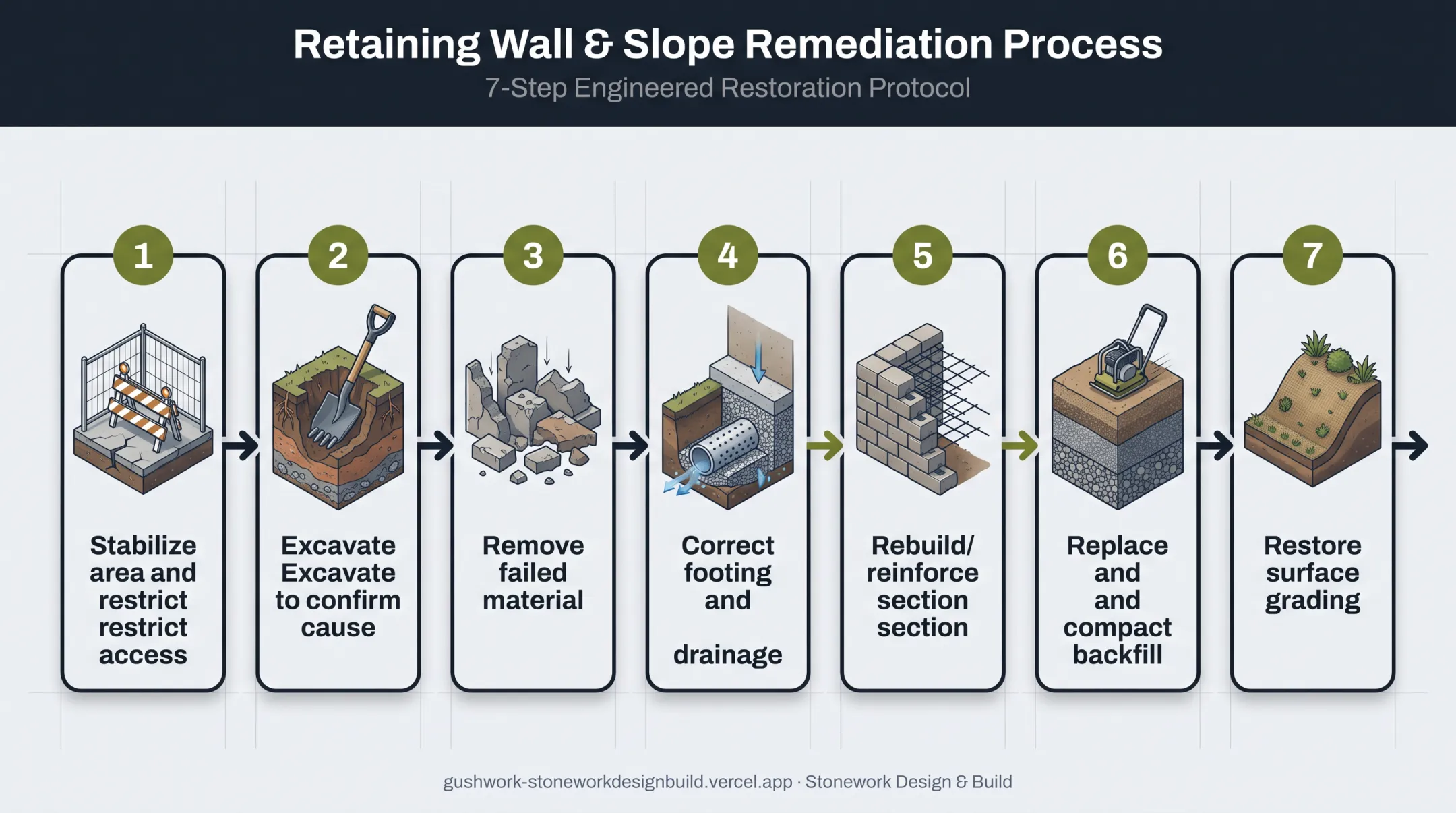 7-step retaining wall repair process from stabilization to grading restoration