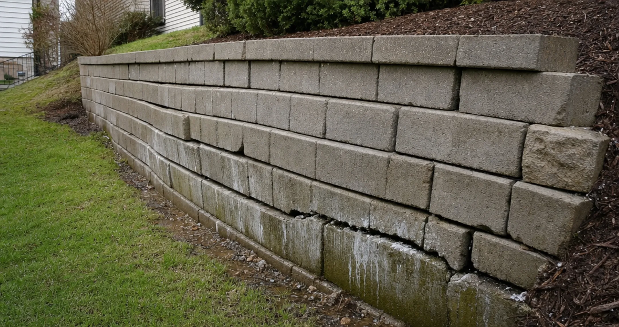 Leaning retaining wall with bulging blocks and visible cracking damage