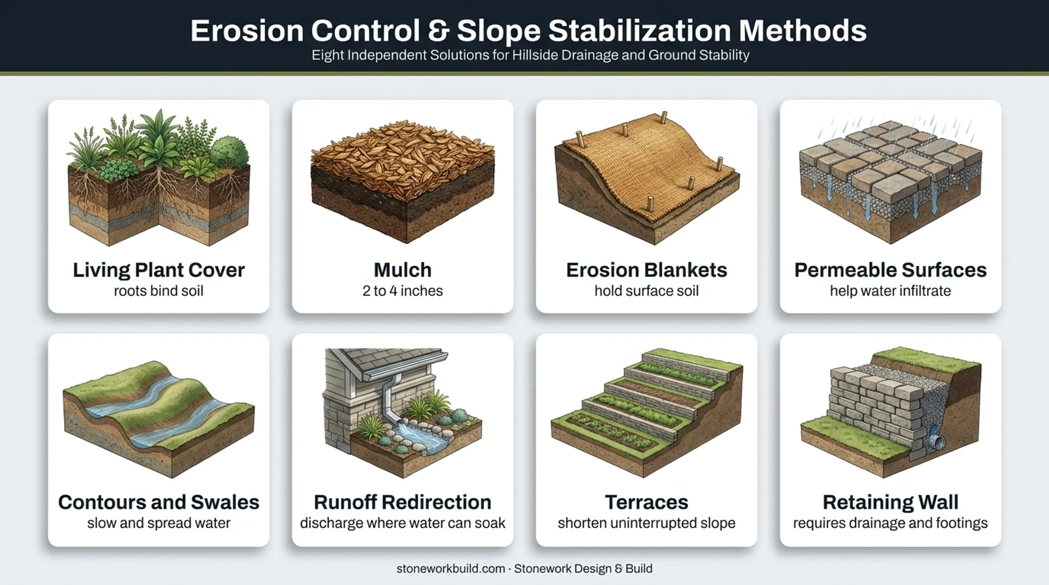 Eight residential soil erosion prevention methods for slopes and drainage