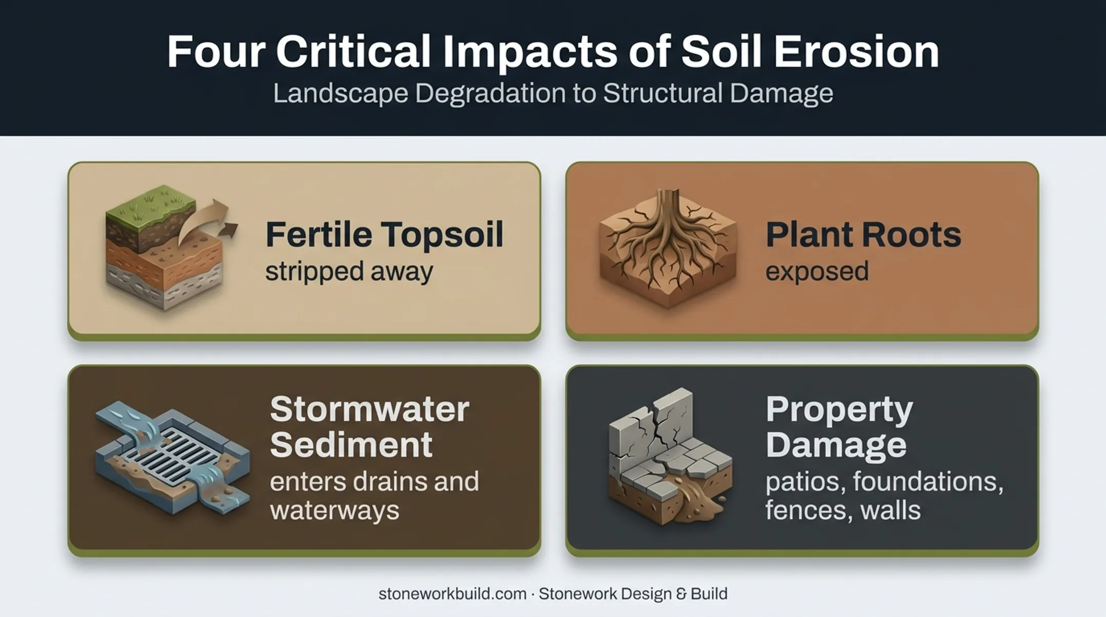 Residential soil erosion damage to topsoil roots drainage and structures