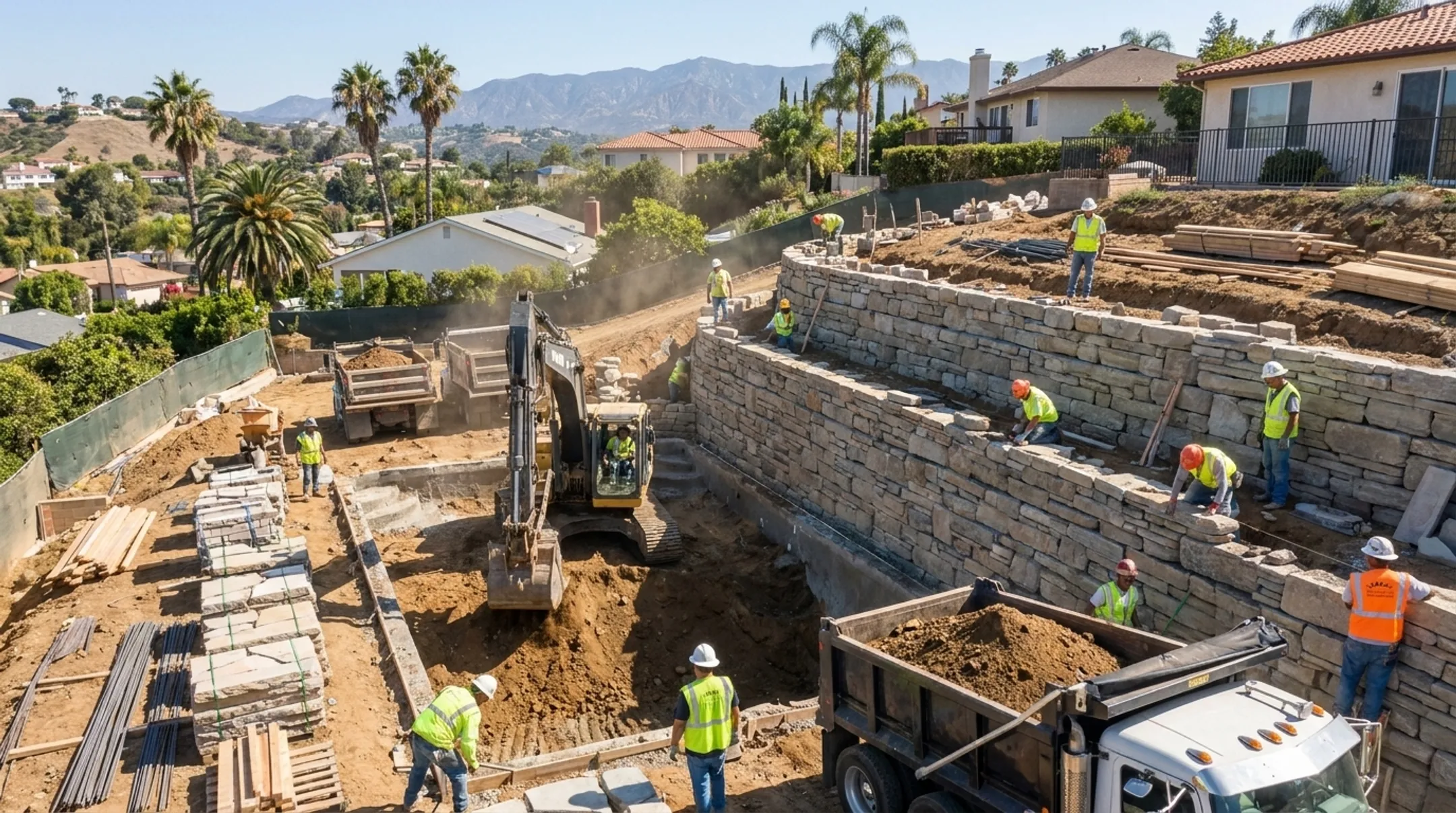 Stonework Design and Build crew constructing hillside pool retaining wall