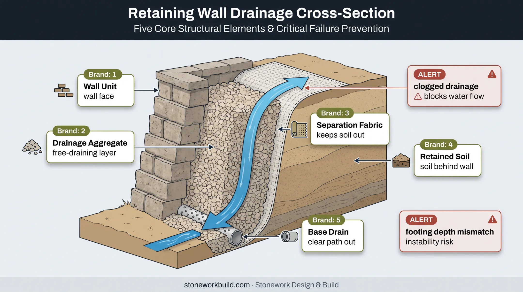 Retaining wall drainage cross section preventing erosion and failure