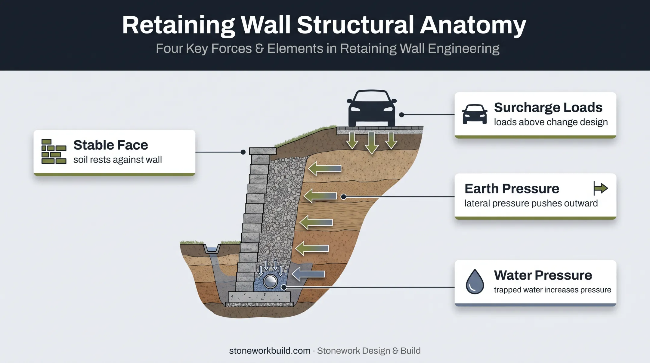 Retaining wall erosion control forces and stability diagram