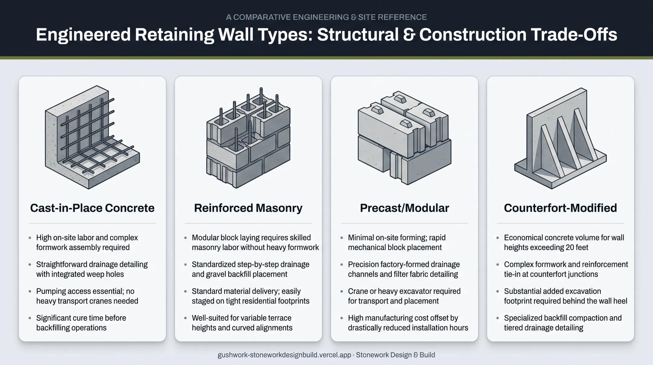 Comparison of four cantilever retaining wall types and construction trade-offs