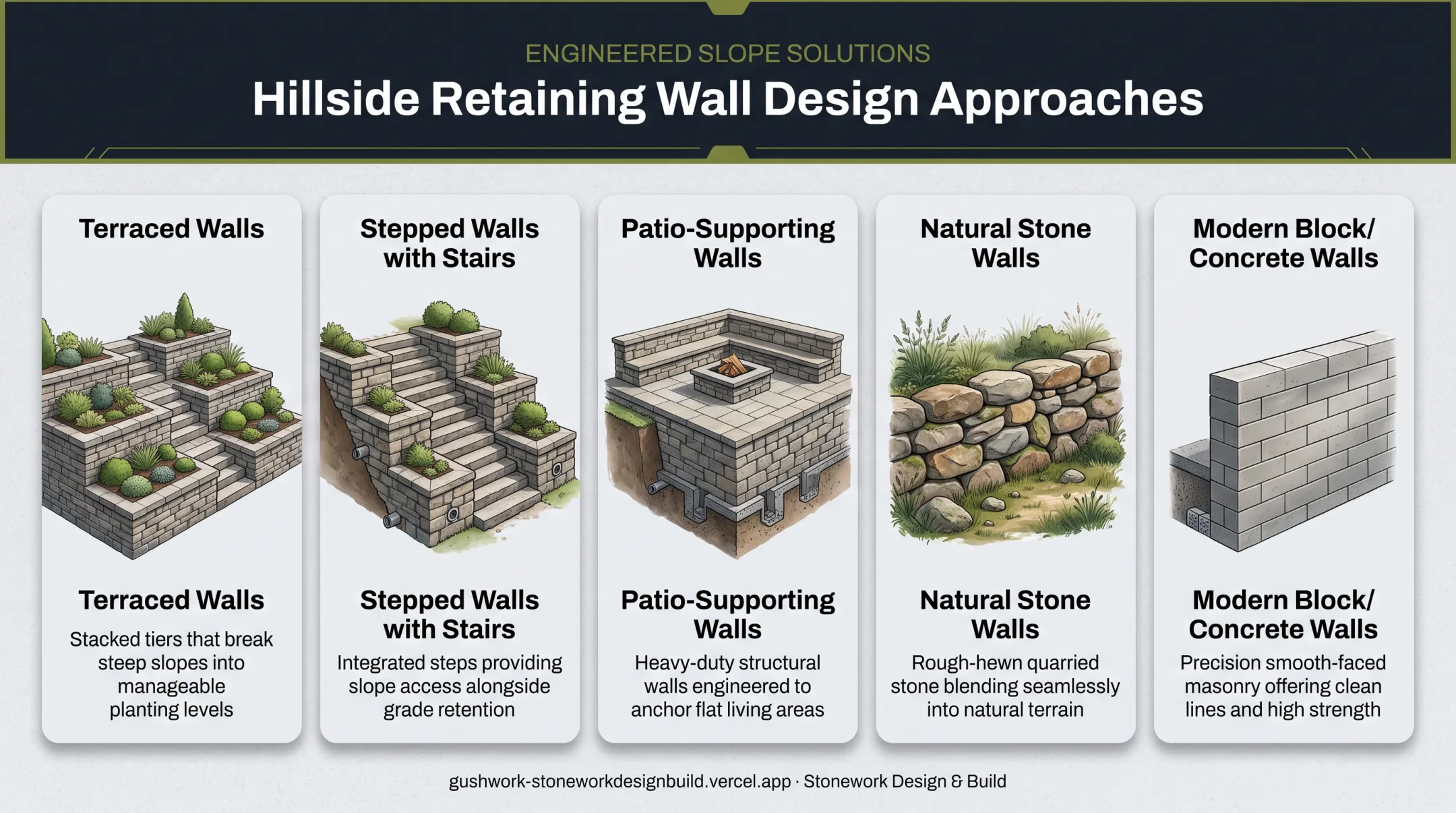 Five hillside retaining wall design ideas comparison overview infographic