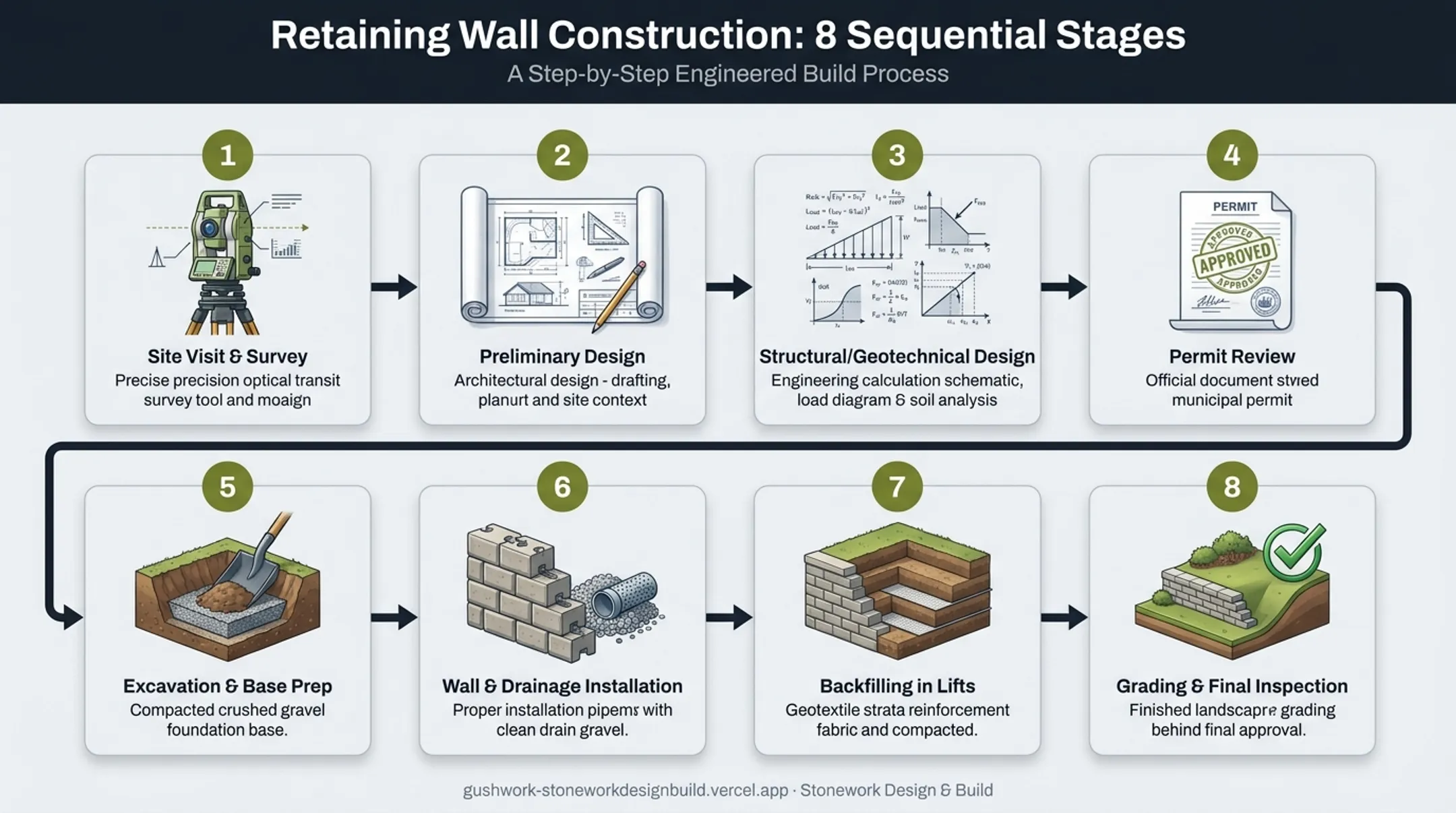 8-step retaining wall construction and permit process flowchart