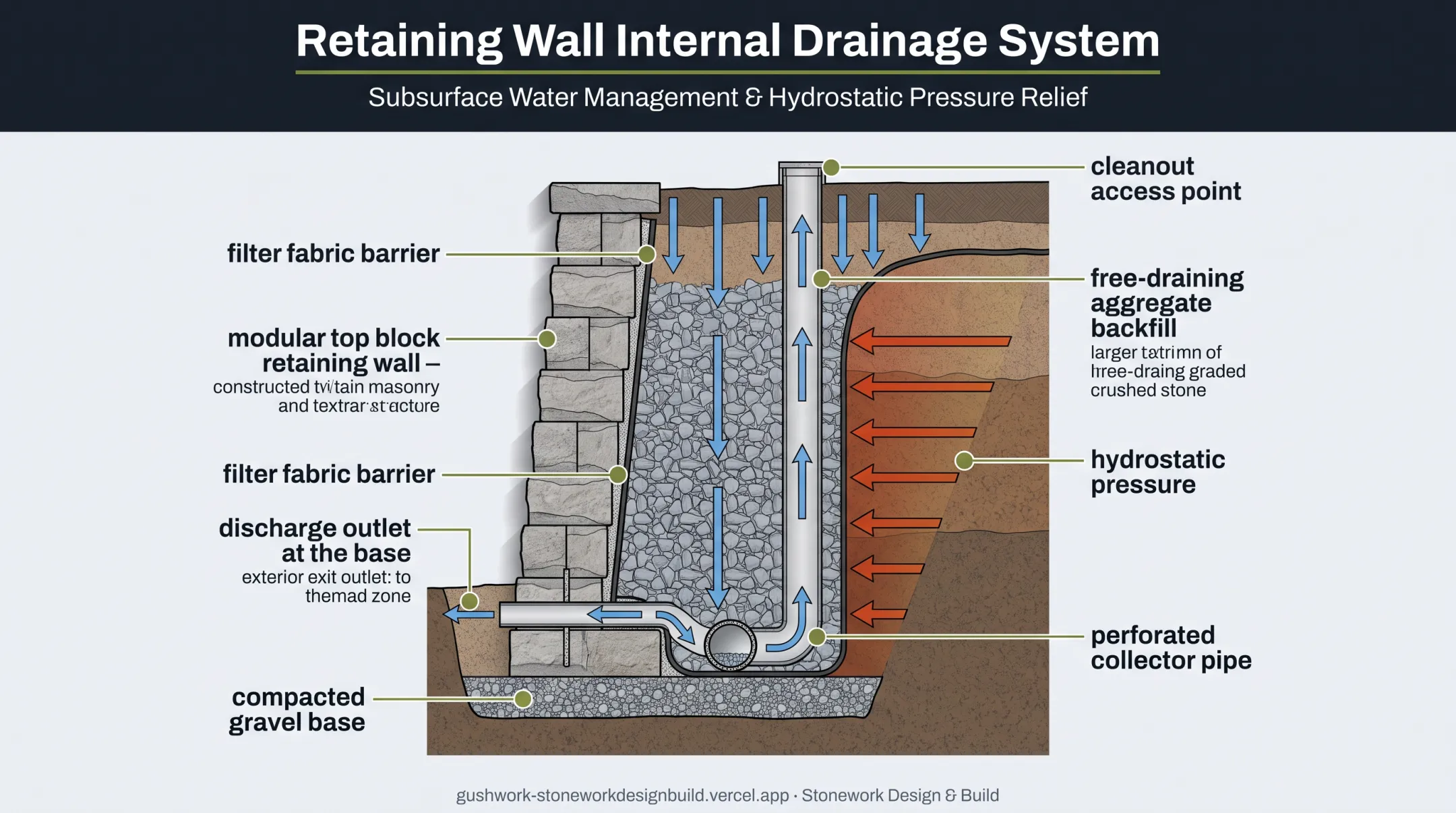 Cross-section diagram of retaining wall drainage system components and hydrostatic pressure