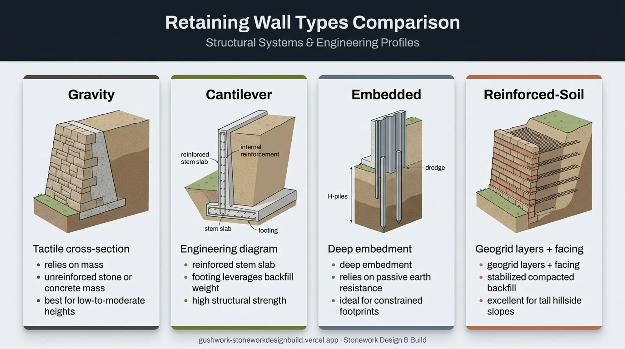 Four types of retaining walls gravity cantilever embedded reinforced-soil comparison