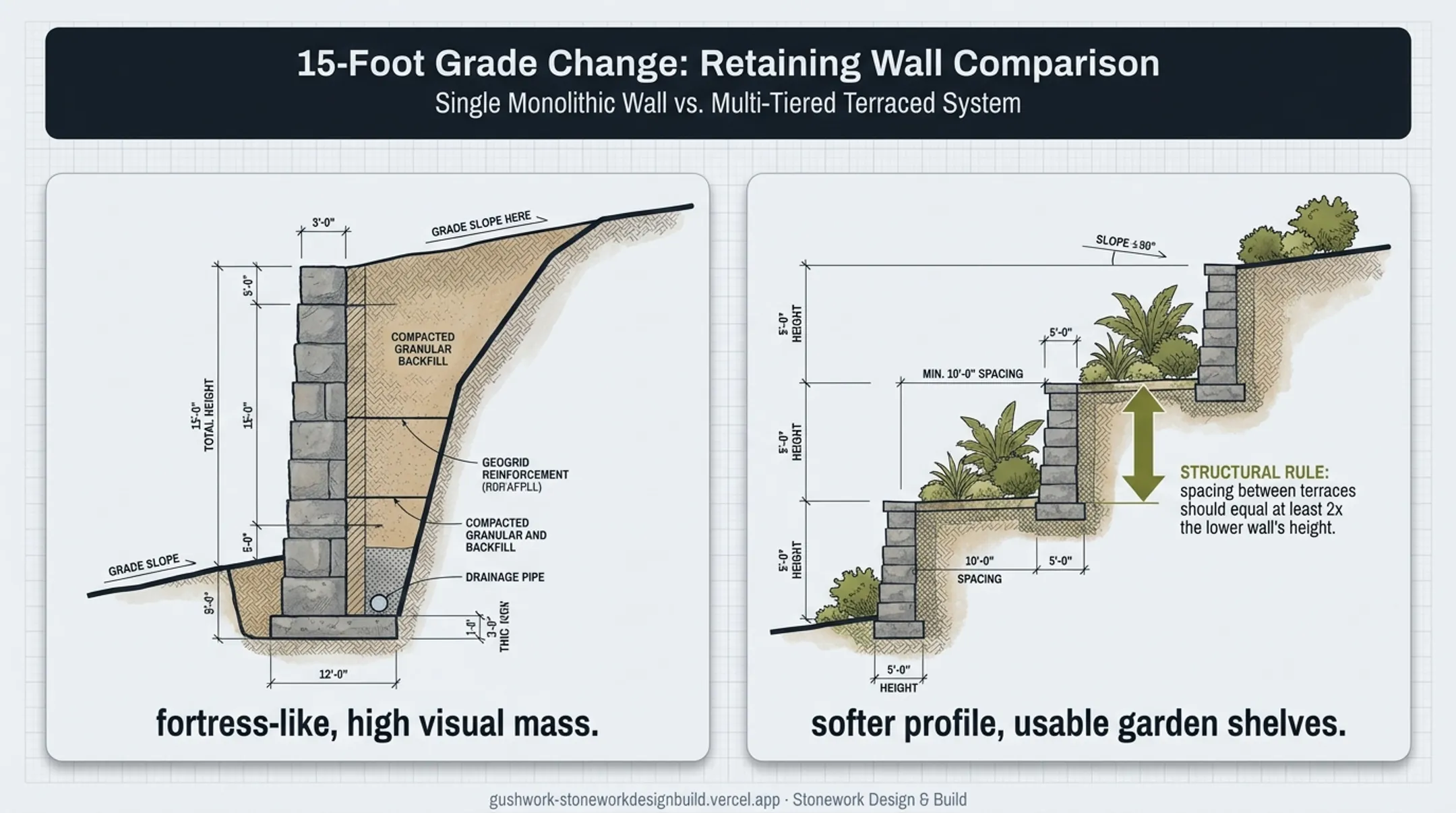 Terraced retaining wall design splitting one tall wall into three tiers