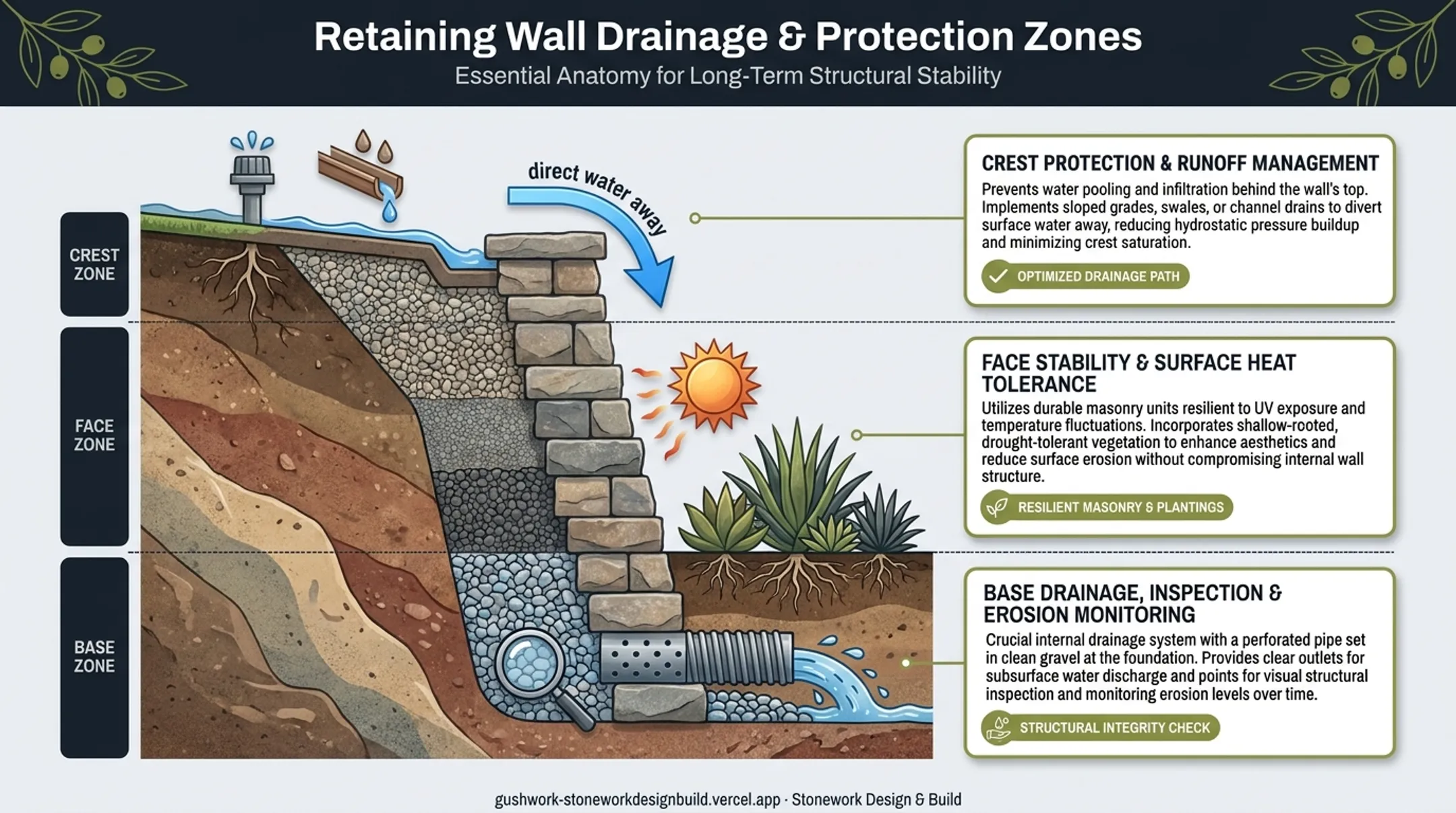 Three planting zones around a retaining wall top face and base