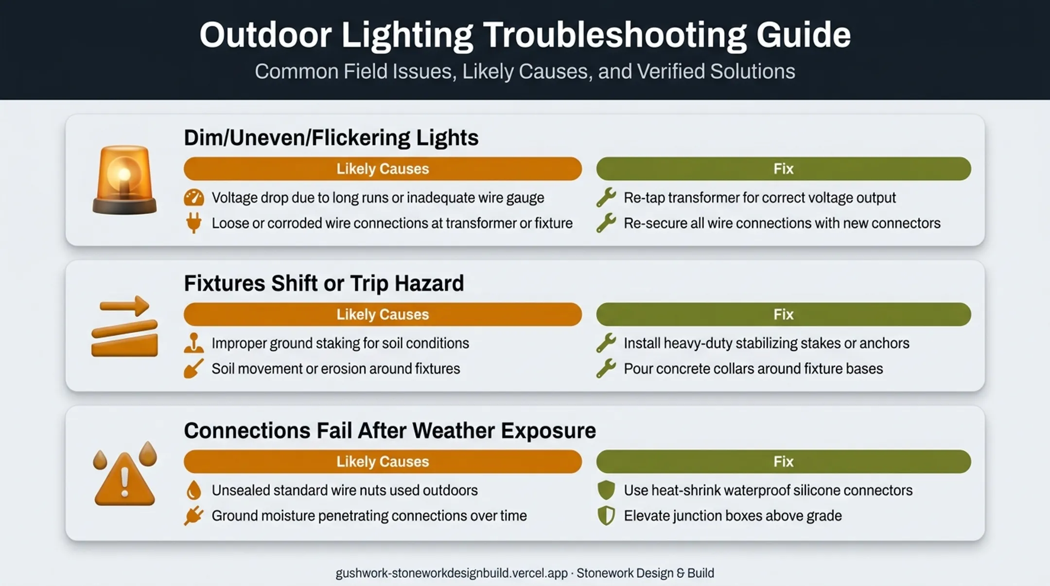 Common hardscape lighting problems with causes and fixes comparison chart