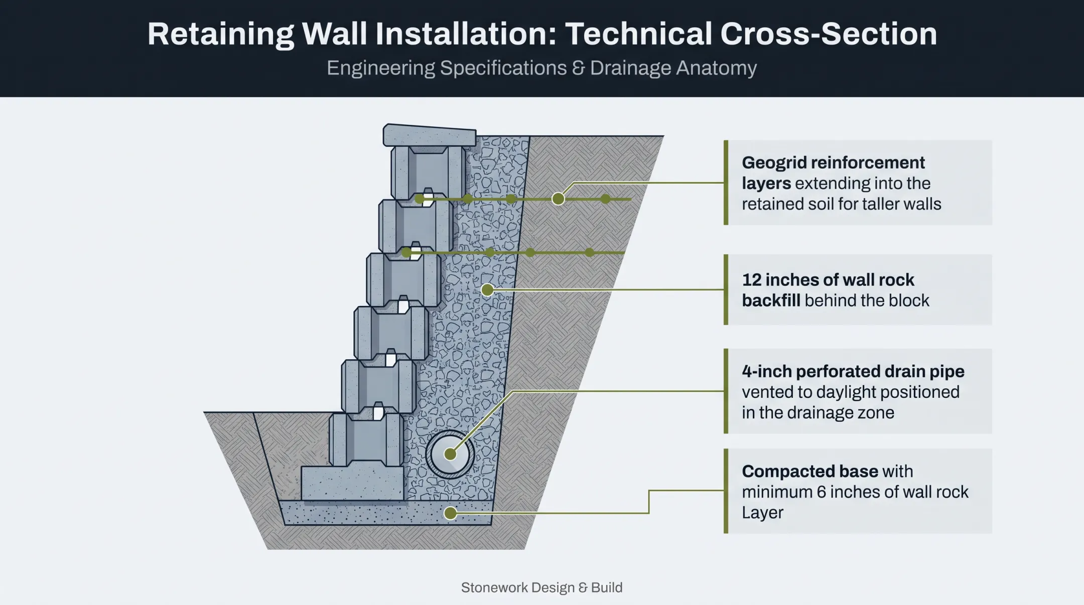 Retaining wall cross-section diagram showing drainage and reinforcement layers