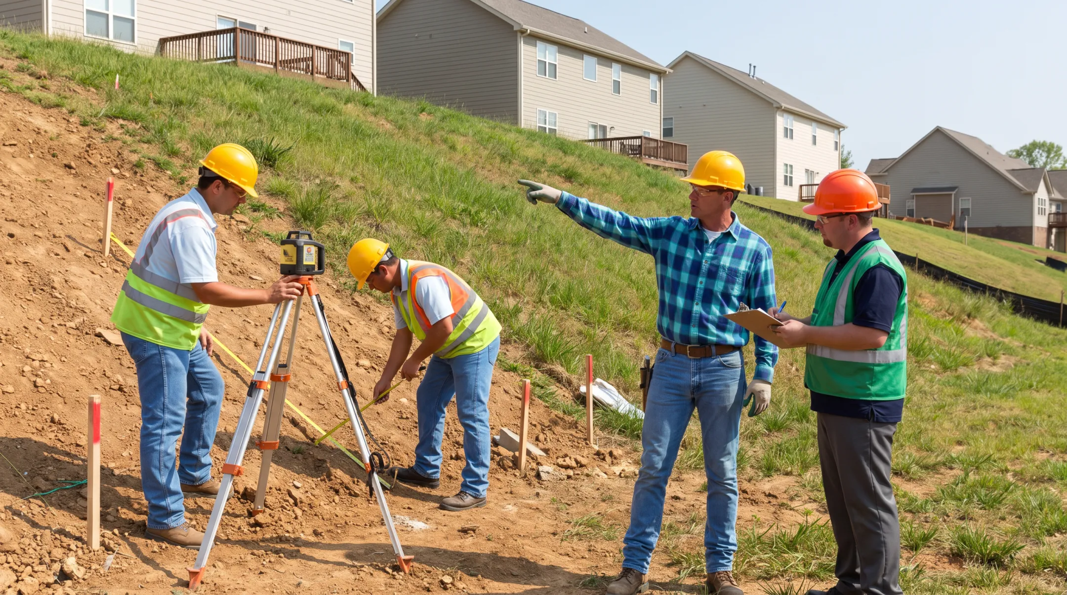 Stonework Design and Build team assessing hillside retaining wall site