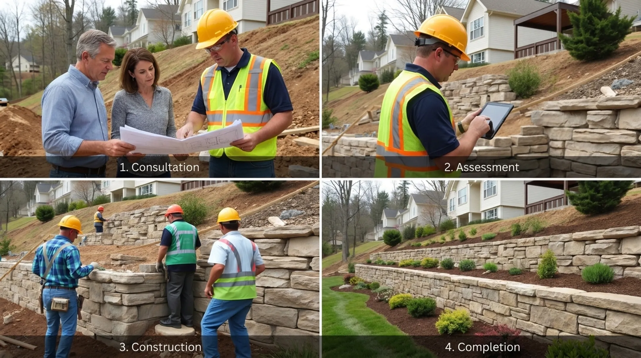 Contractor team walking through retaining wall project stages with homeowner