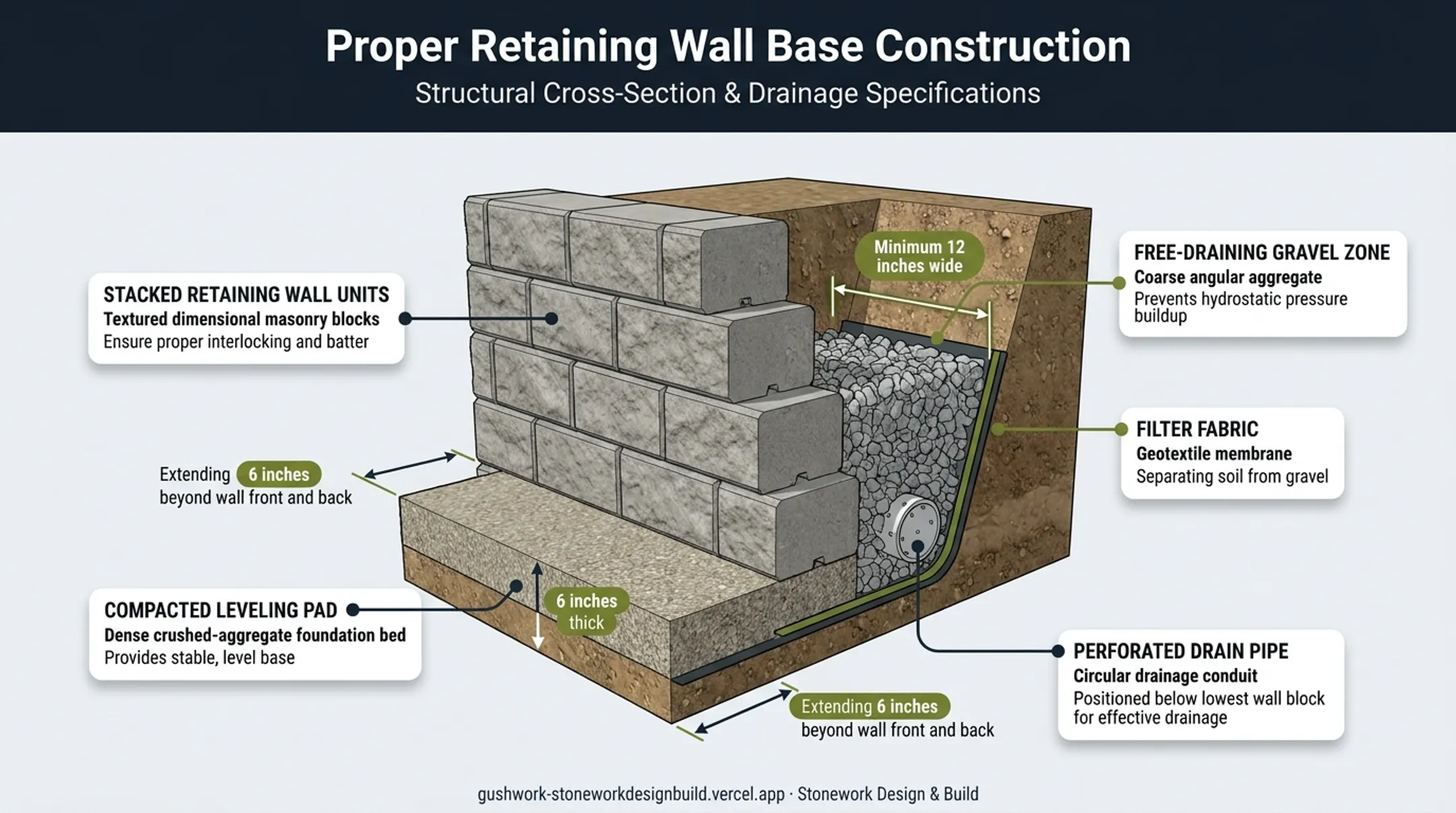Retaining wall base cross-section showing leveling pad and drainage specs