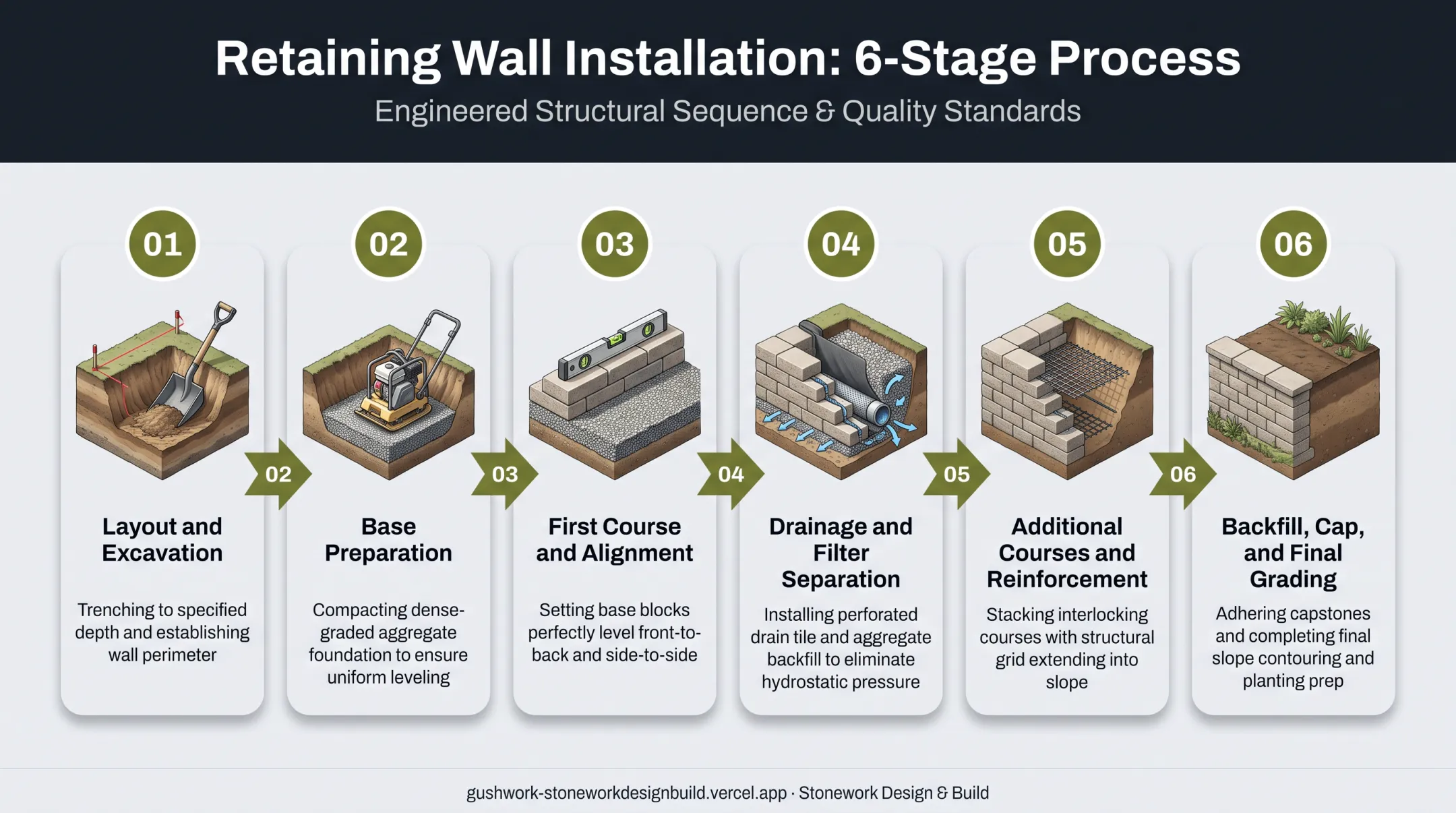 6-step retaining wall installation process from excavation to final grading