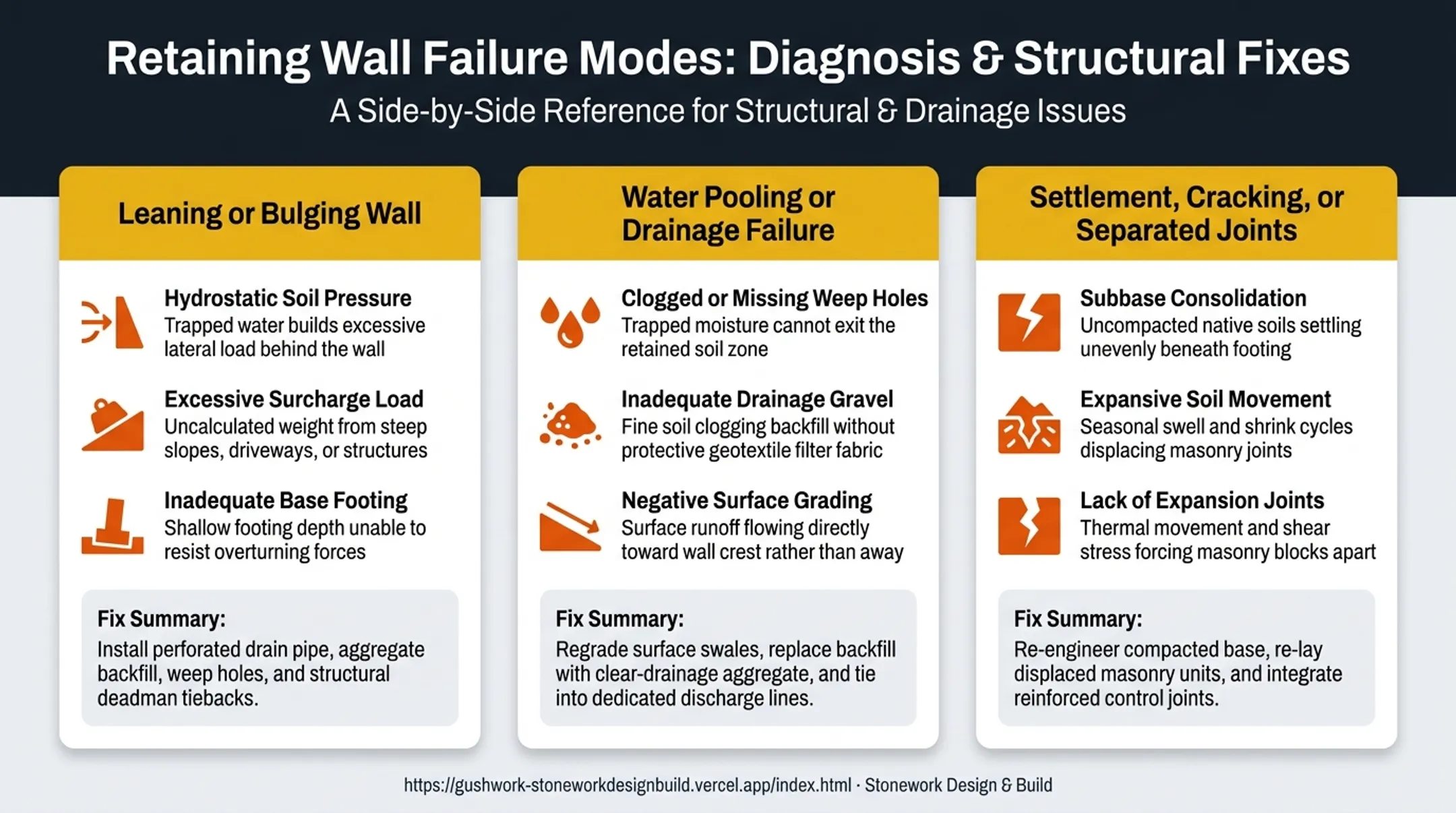 Three common retaining wall failure types compared with causes and fixes
