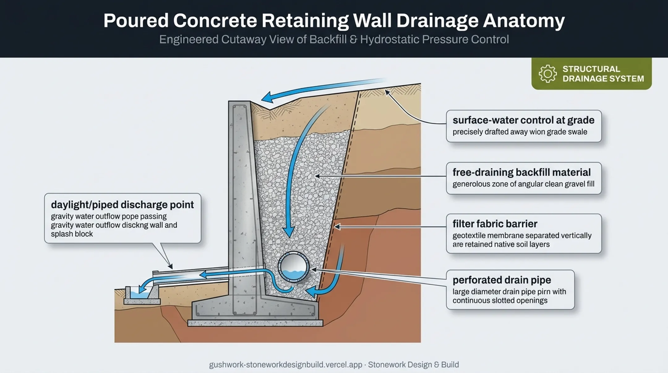 Retaining wall drainage system cross-section showing backfill and pipe placement
