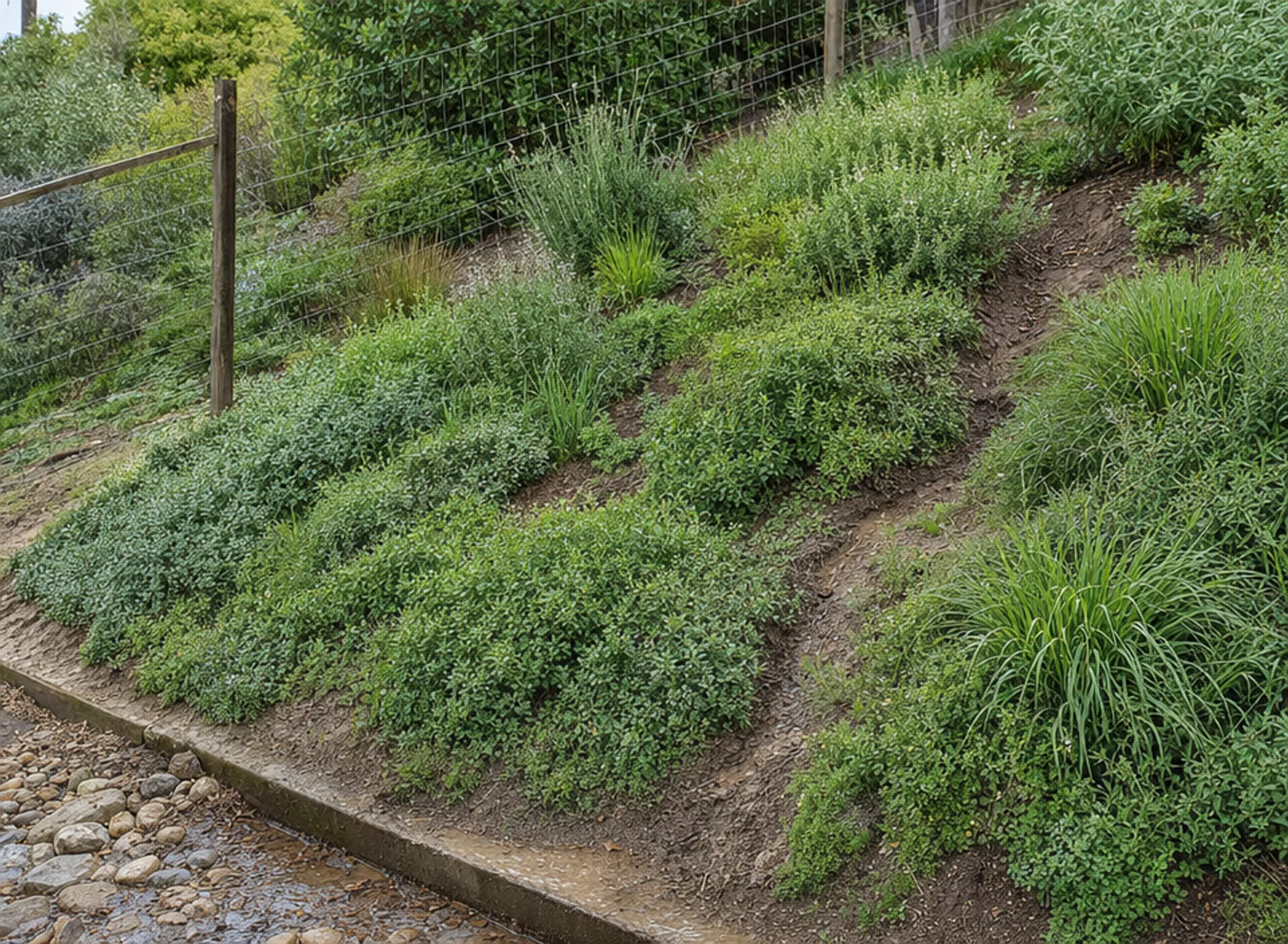 Residential planted slope with erosion control vegetation and exposed soil