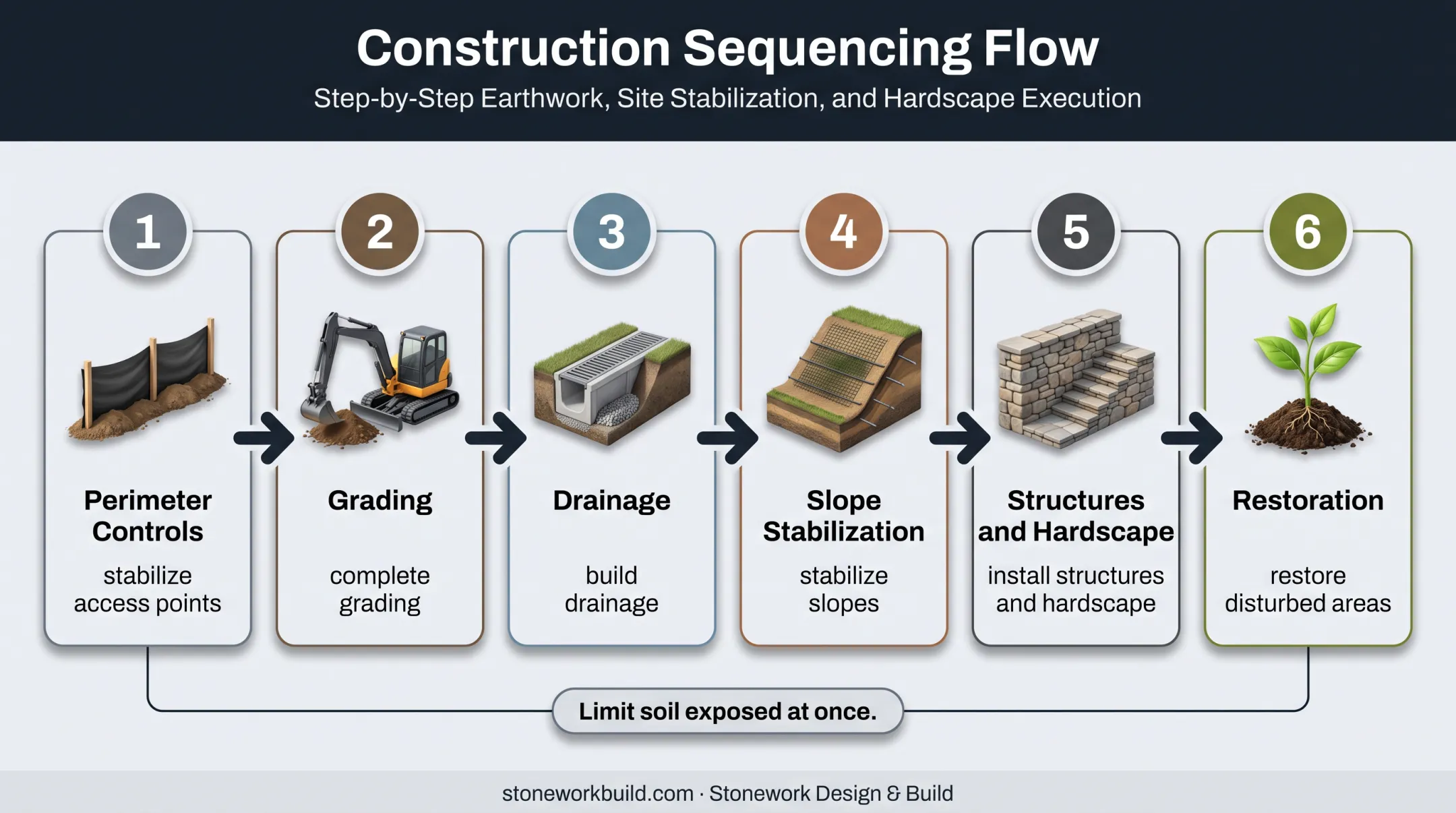 Six-phase construction erosion control sequencing process diagram