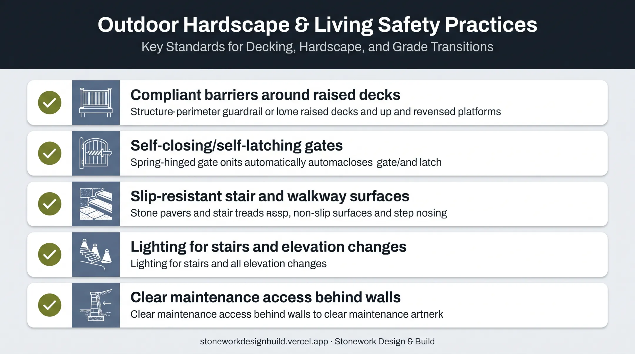 Safety checklist icons for elevated pool decks and retaining walls