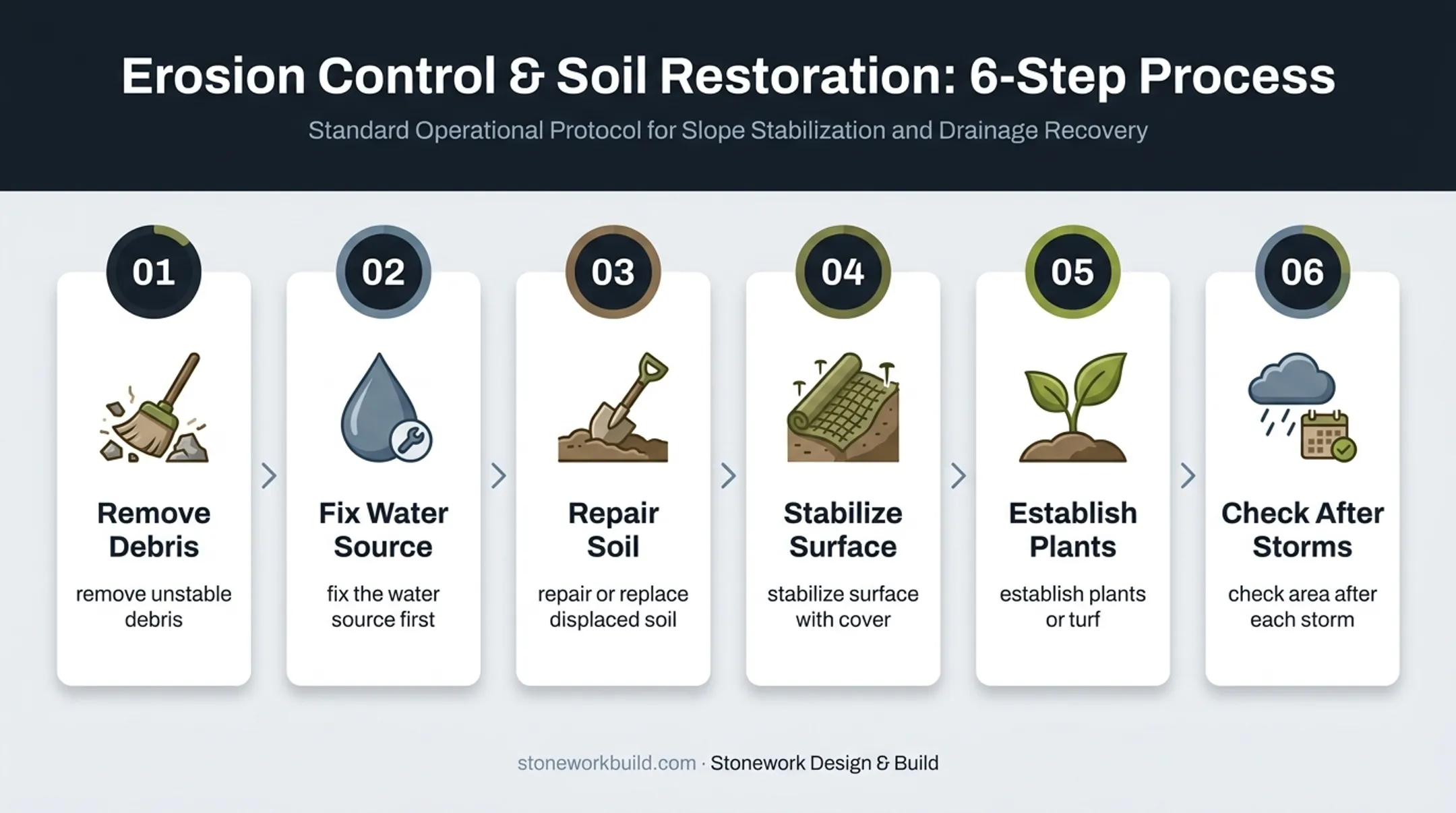 Six-step soil erosion restoration sequence from debris removal to storm checks