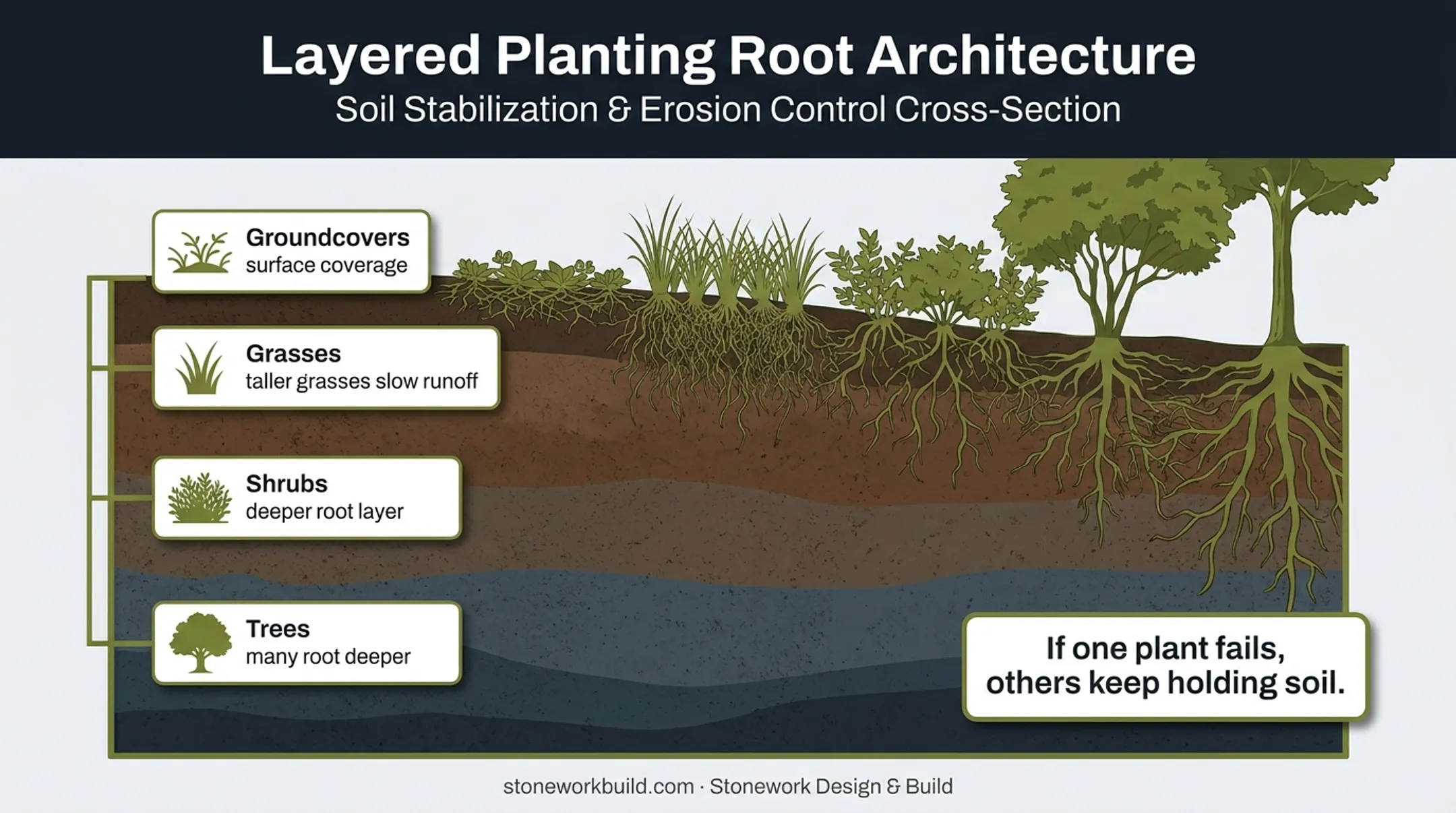 Layered erosion control planting strategy with diverse root depths