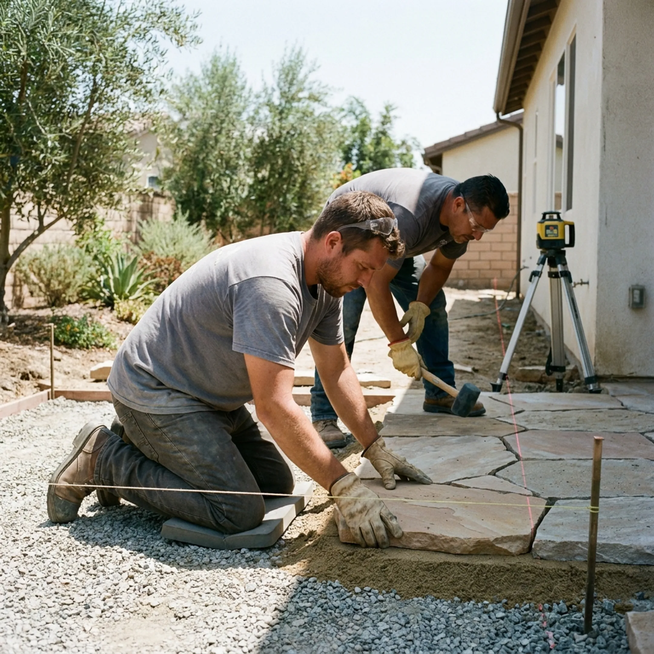 Craftsmen laying natural stone pavers on a prepared aggregate base