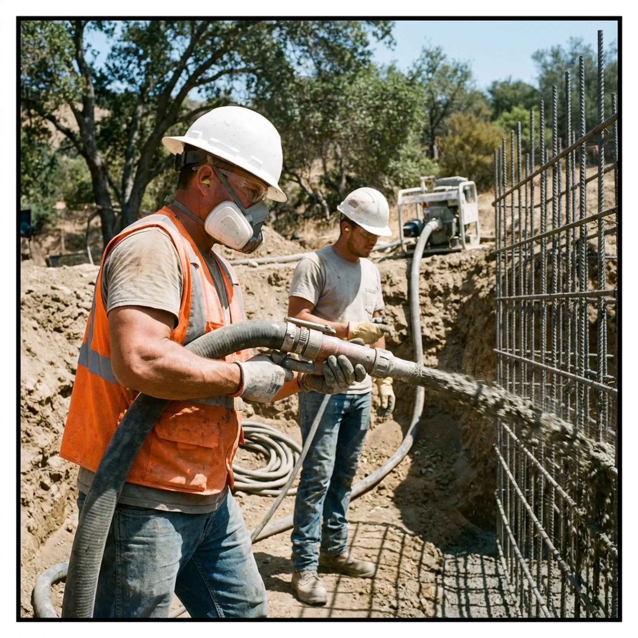 Gunite swimming pool construction process with steel rebar reinforcement