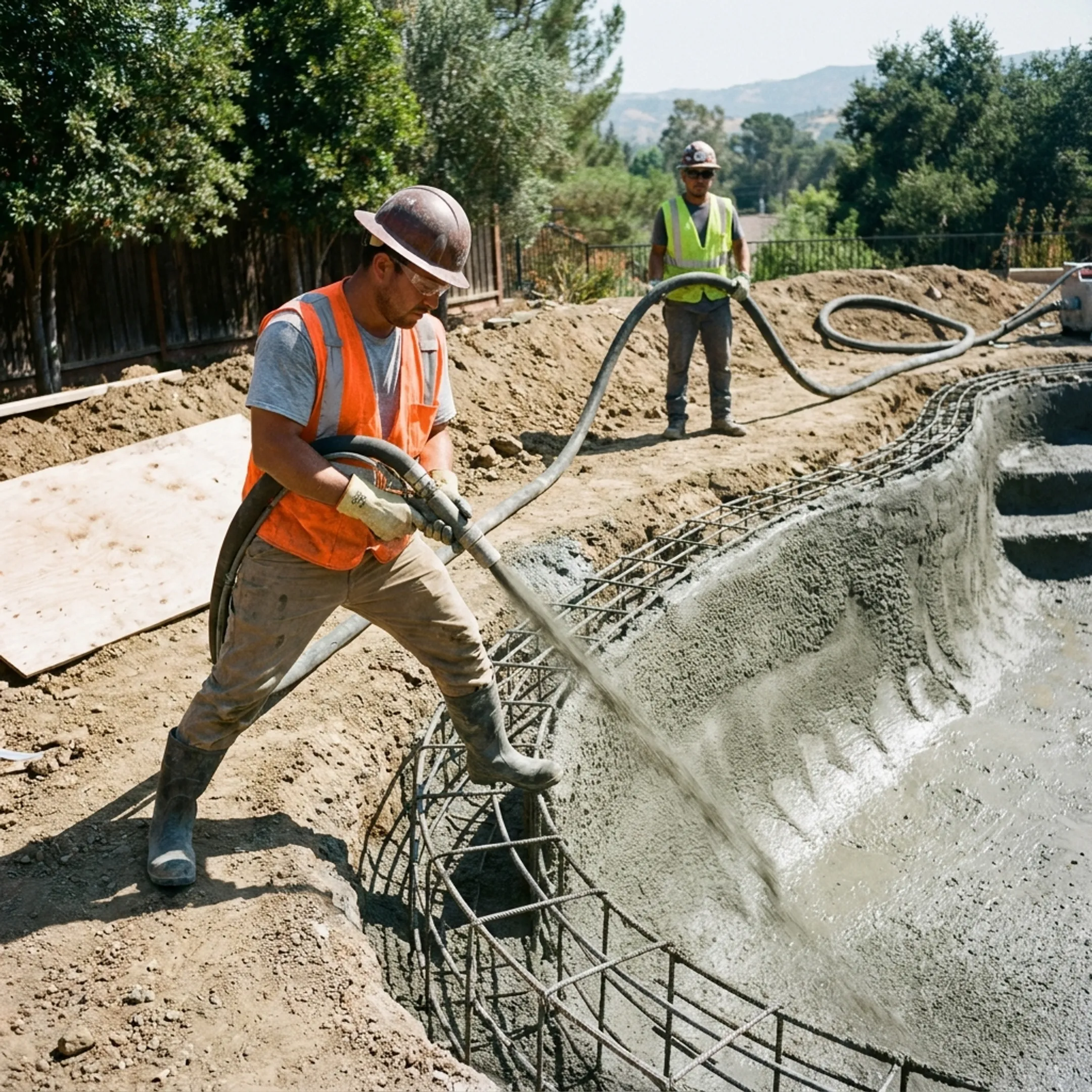 Gunite swimming pool construction and steel rebar installation