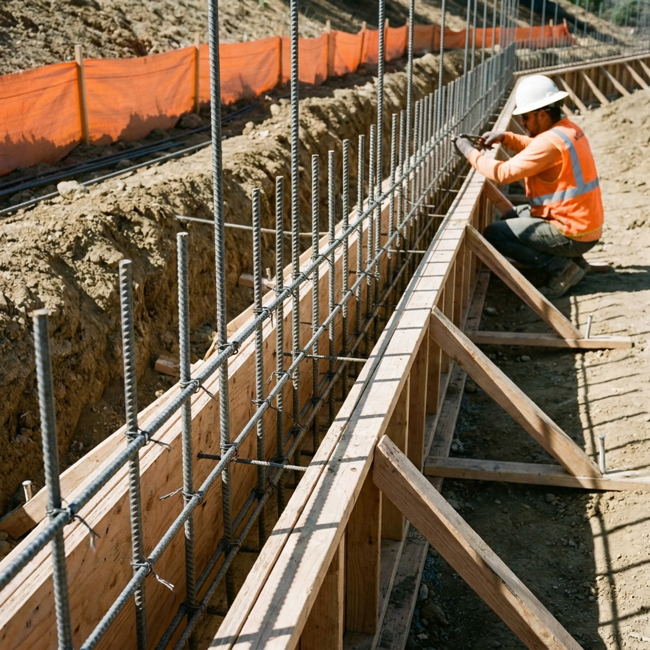 Construction crew preparing concrete reinforcement for a retaining wall