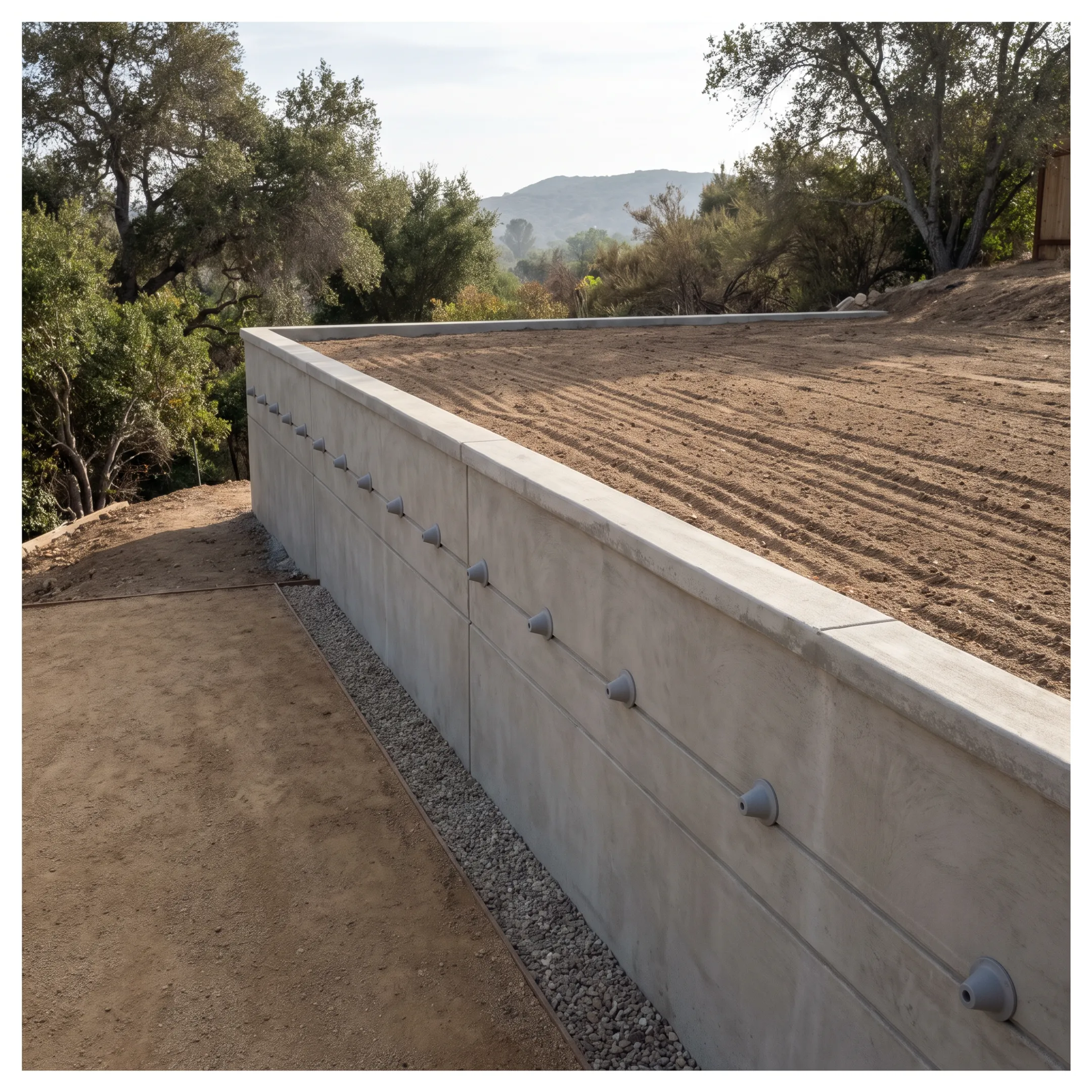 Engineered poured concrete retaining wall built into a residential slope