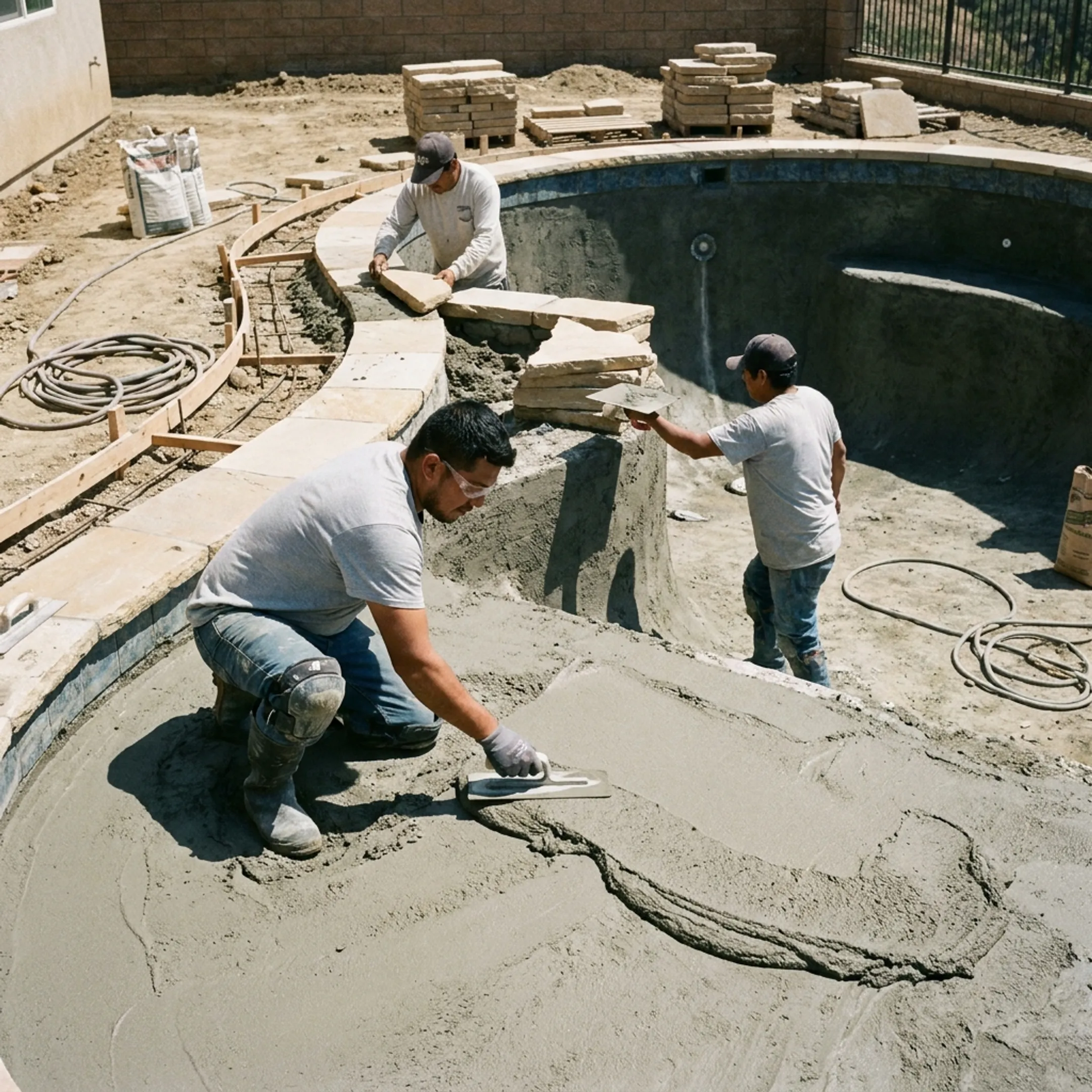 Contractor crew replastering swimming pool shell and rebuilding deck hardscape