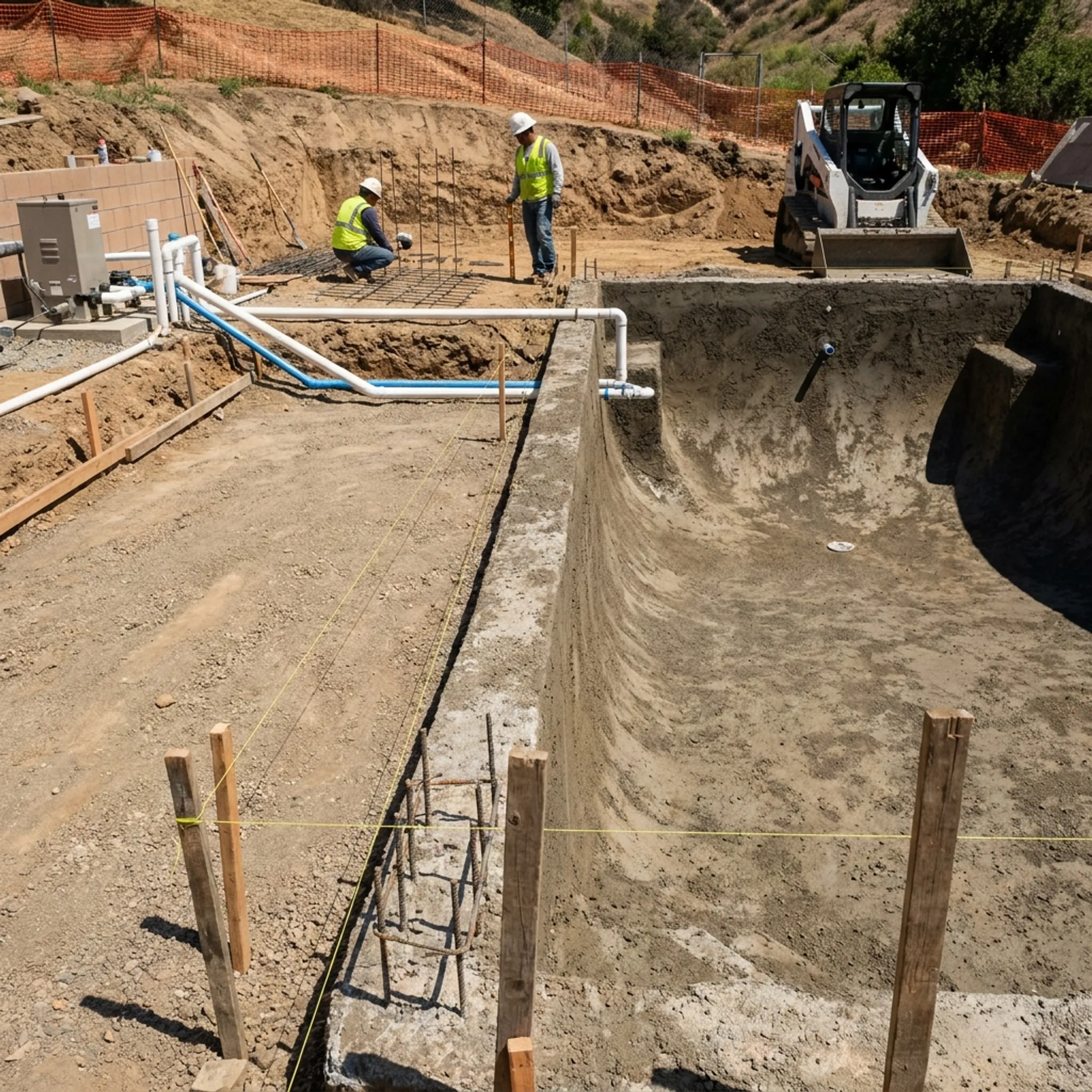 Construction crew installing steel reinforcement and plumbing for a backyard pool and patio