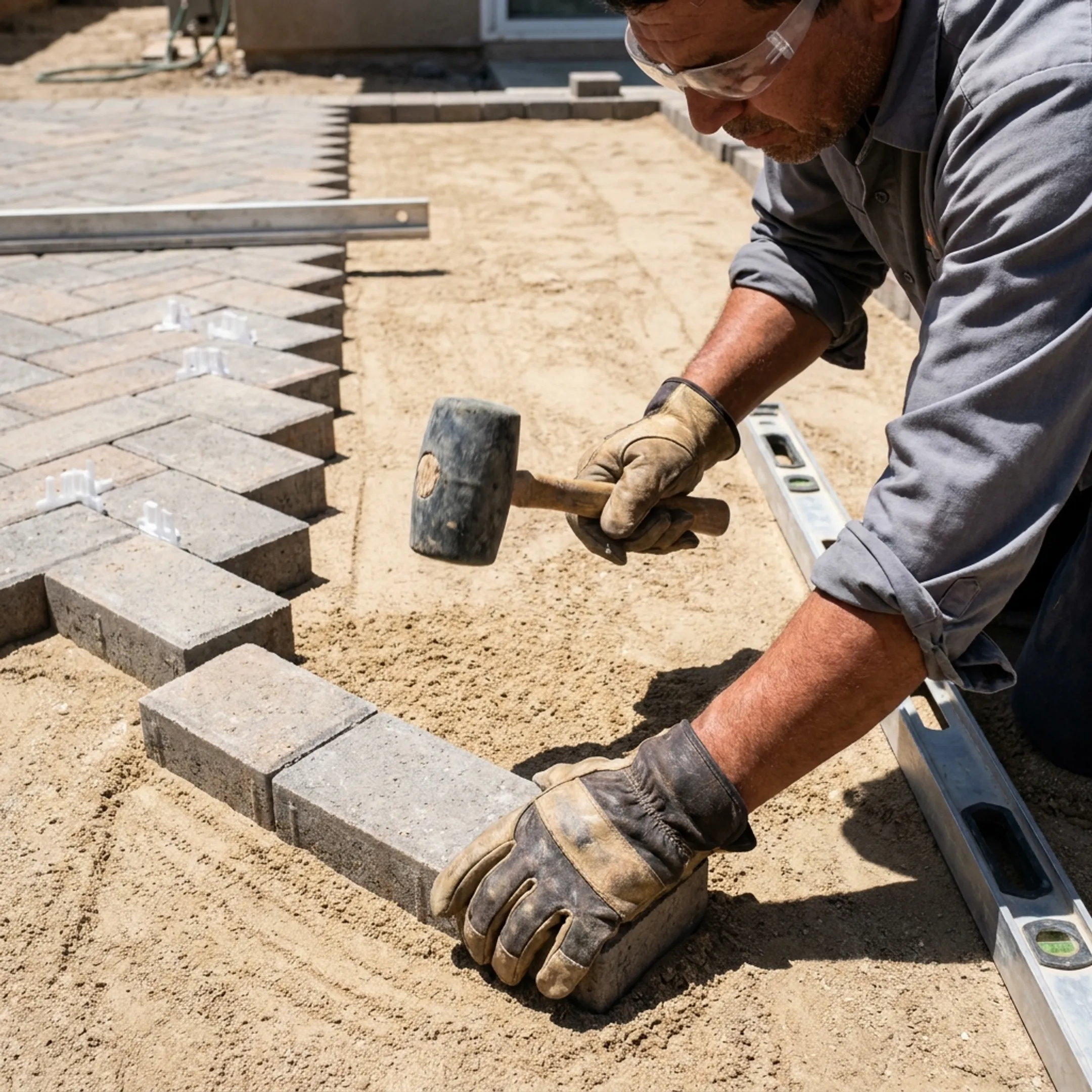Craftsman installing precision stone pavers along an outdoor patio border
