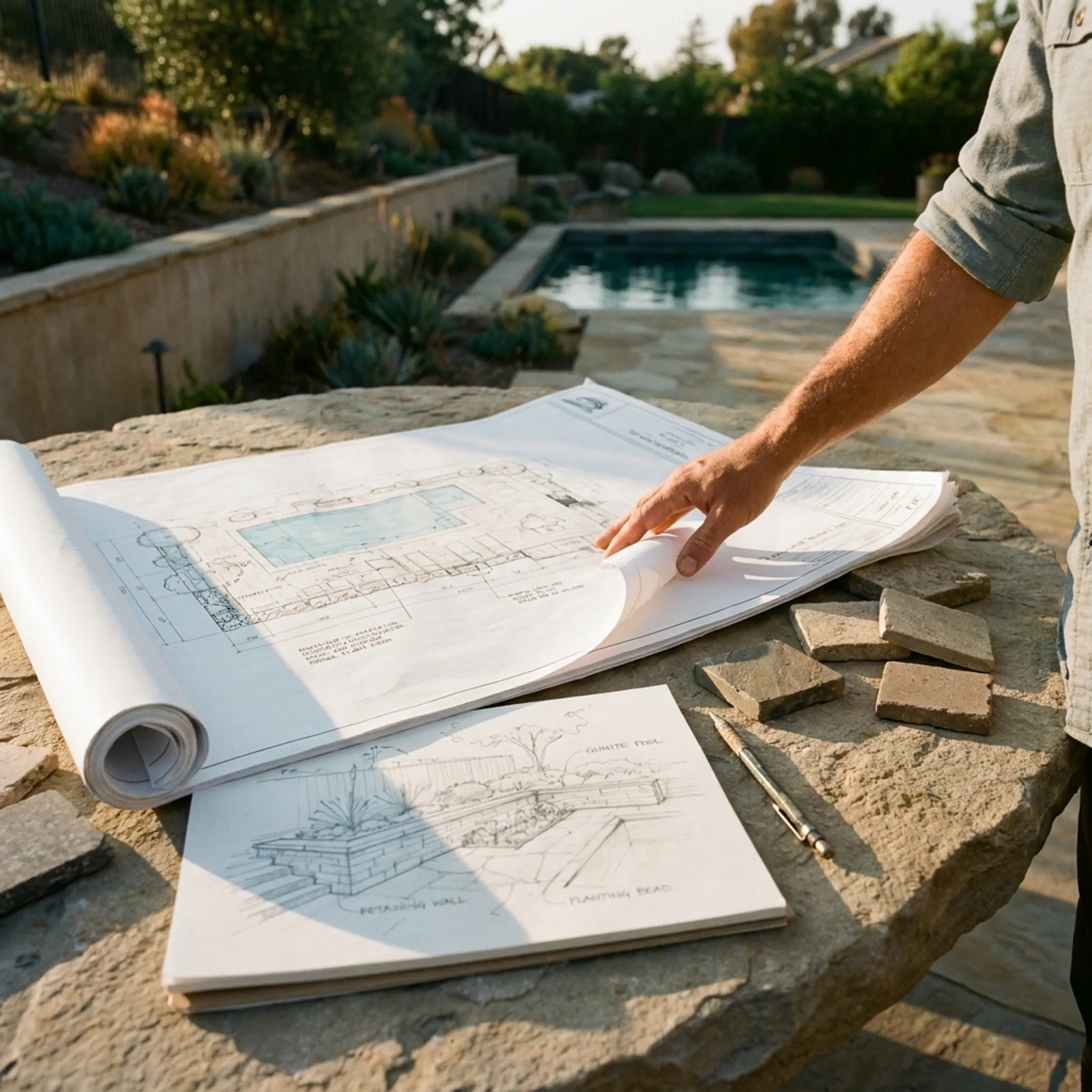 Architectural landscape design plan beside a newly constructed residential patio and garden