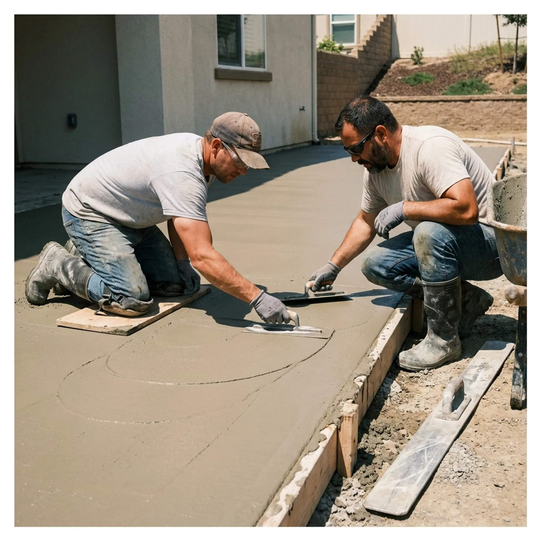 Concrete contractor pouring and smoothing concrete for a residential patio in the San Fernando Valley.