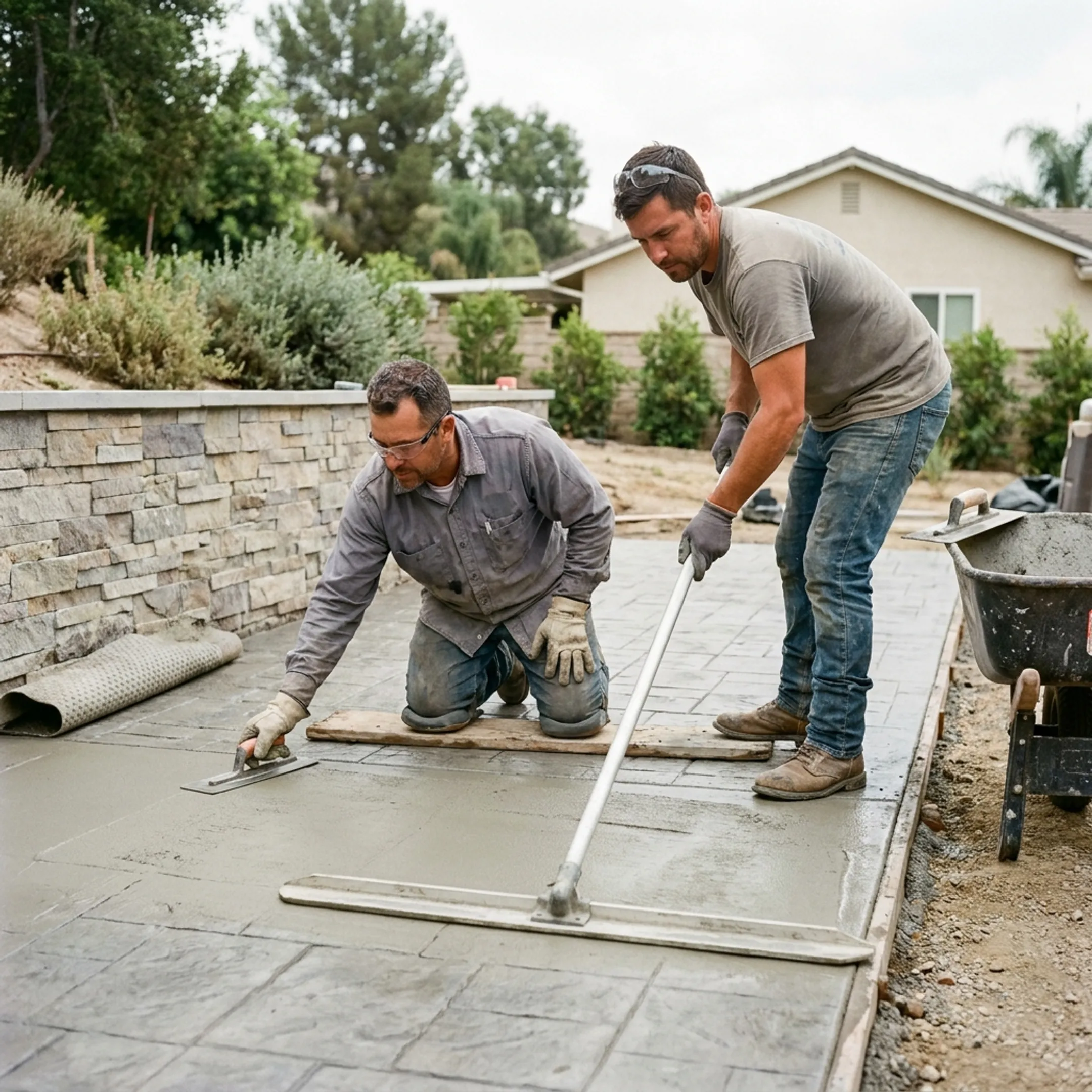 Masonry and concrete patio construction with retaining walls