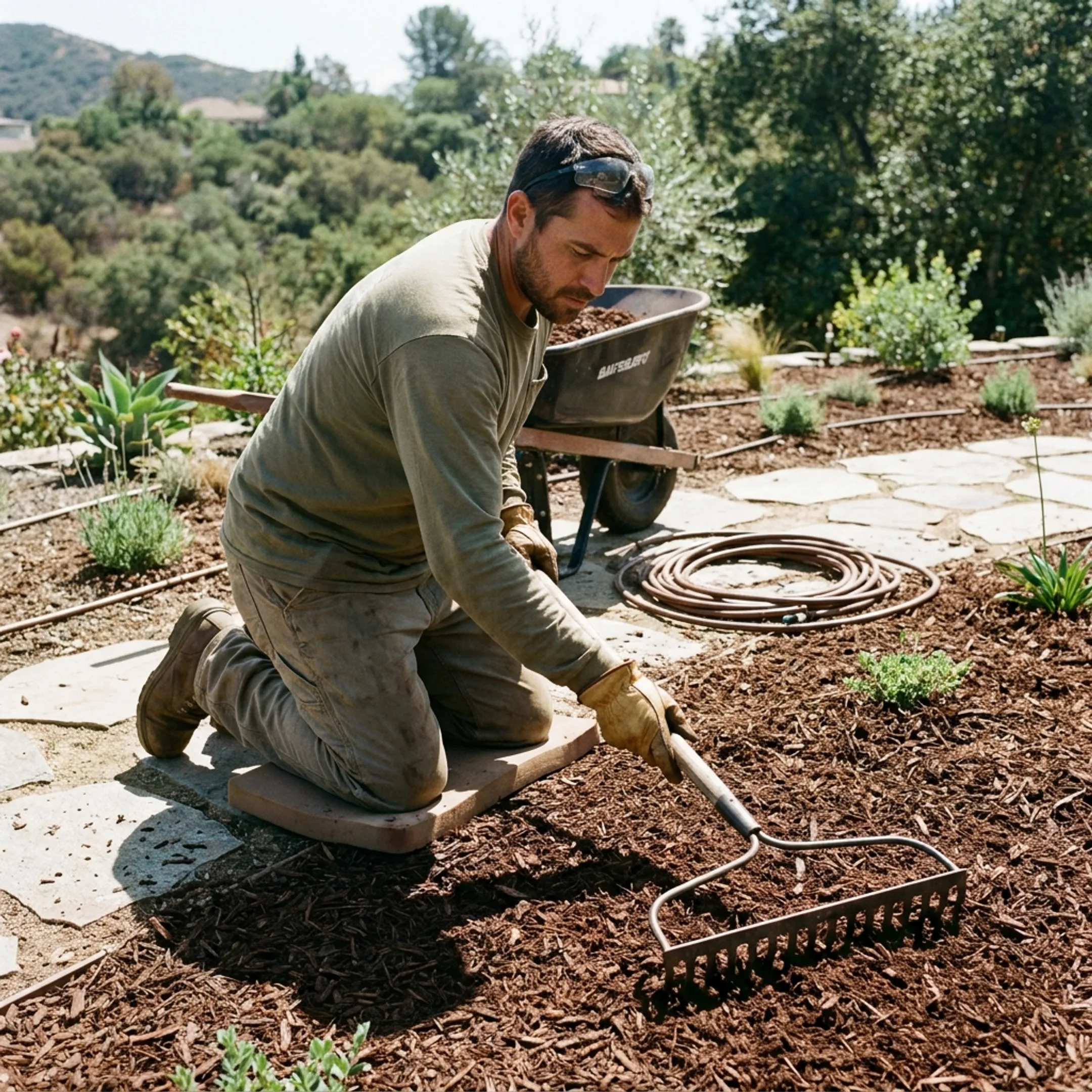 Landscaping professional evenly raking fresh mulch across a prepared residential planting bed