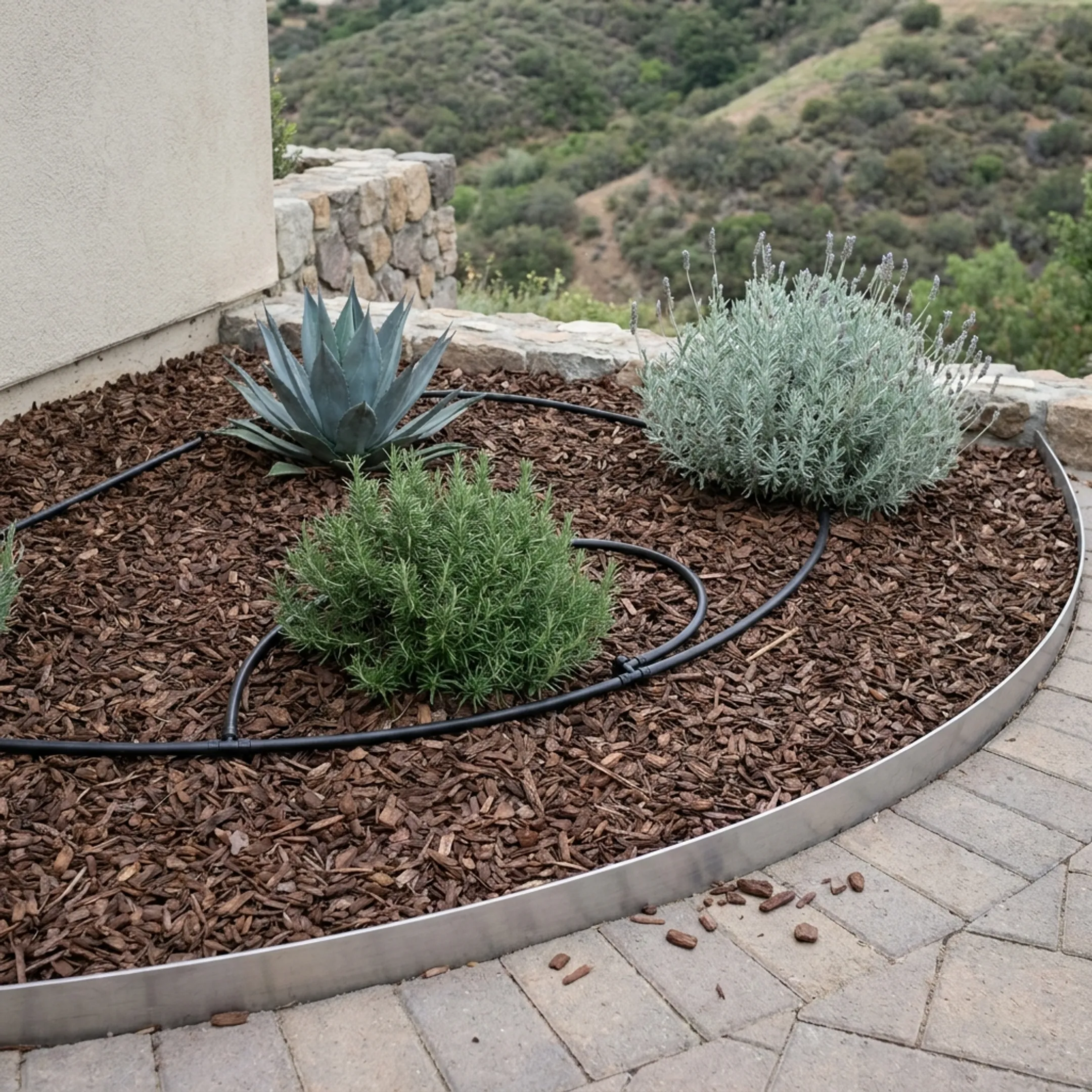 Evenly layered dark wood mulch installed around drought-tolerant plants and shrubs in a garden bed