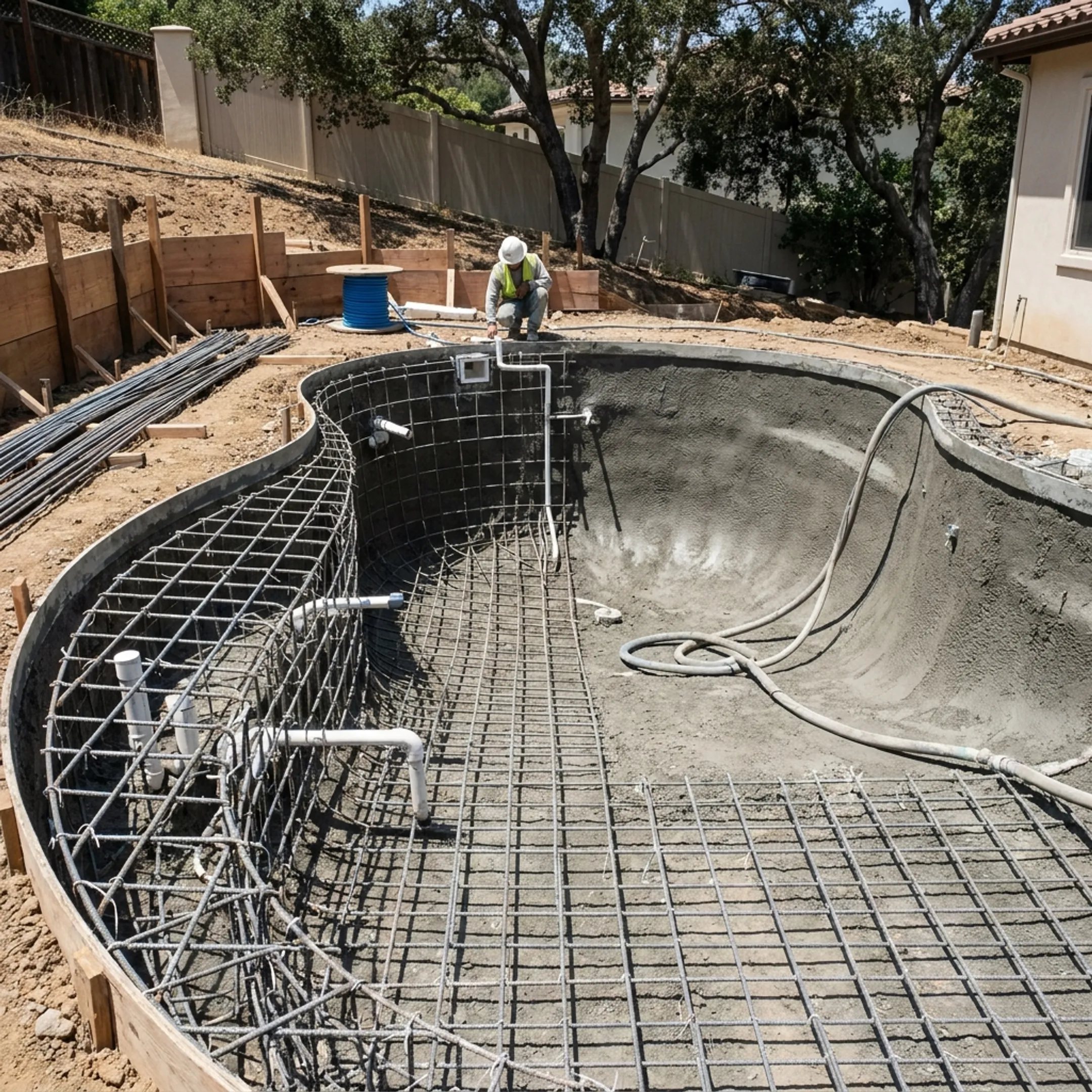 Backyard pool construction site showing steel reinforcement and gunite shell