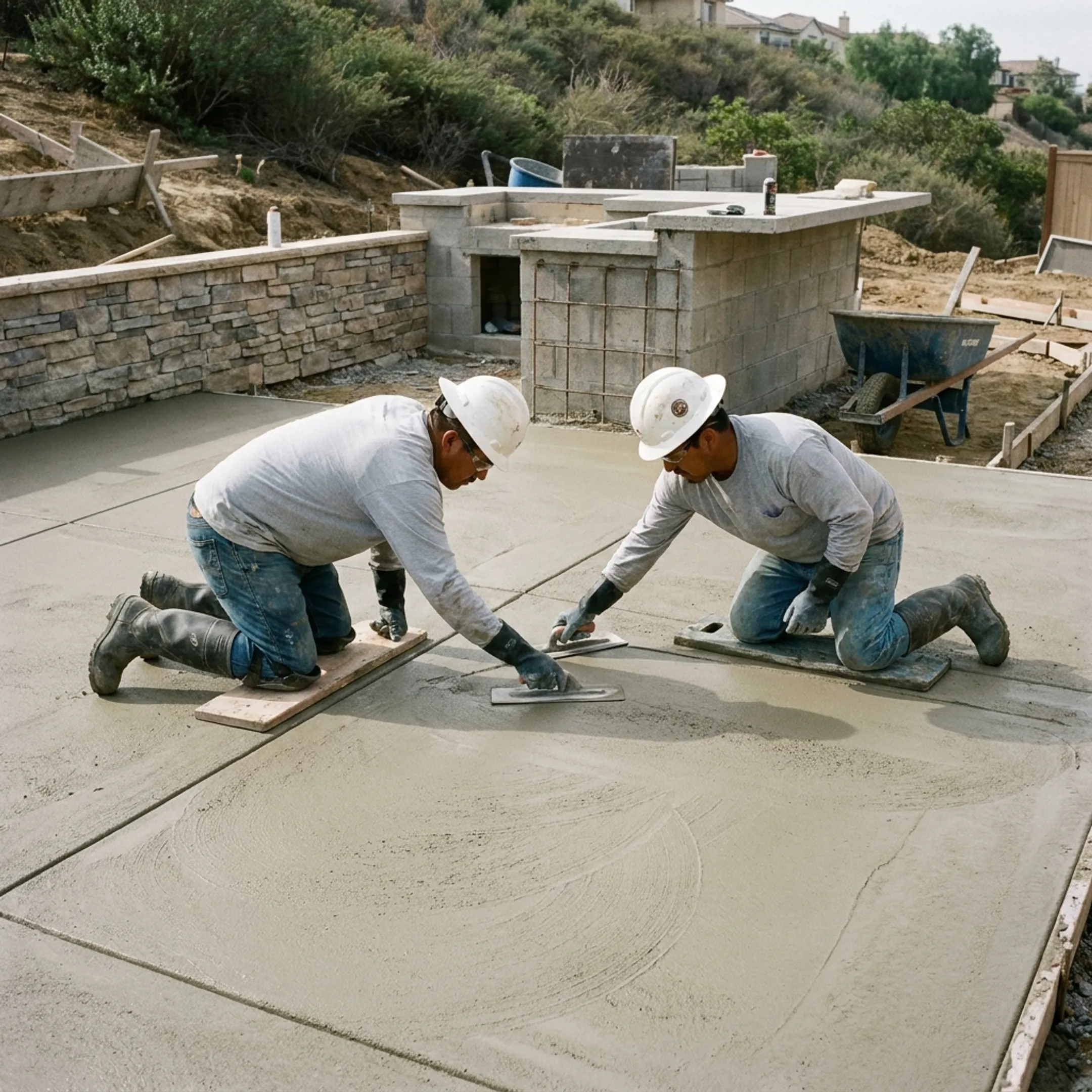 Crew finishing a smooth architectural concrete patio on a hillside residence